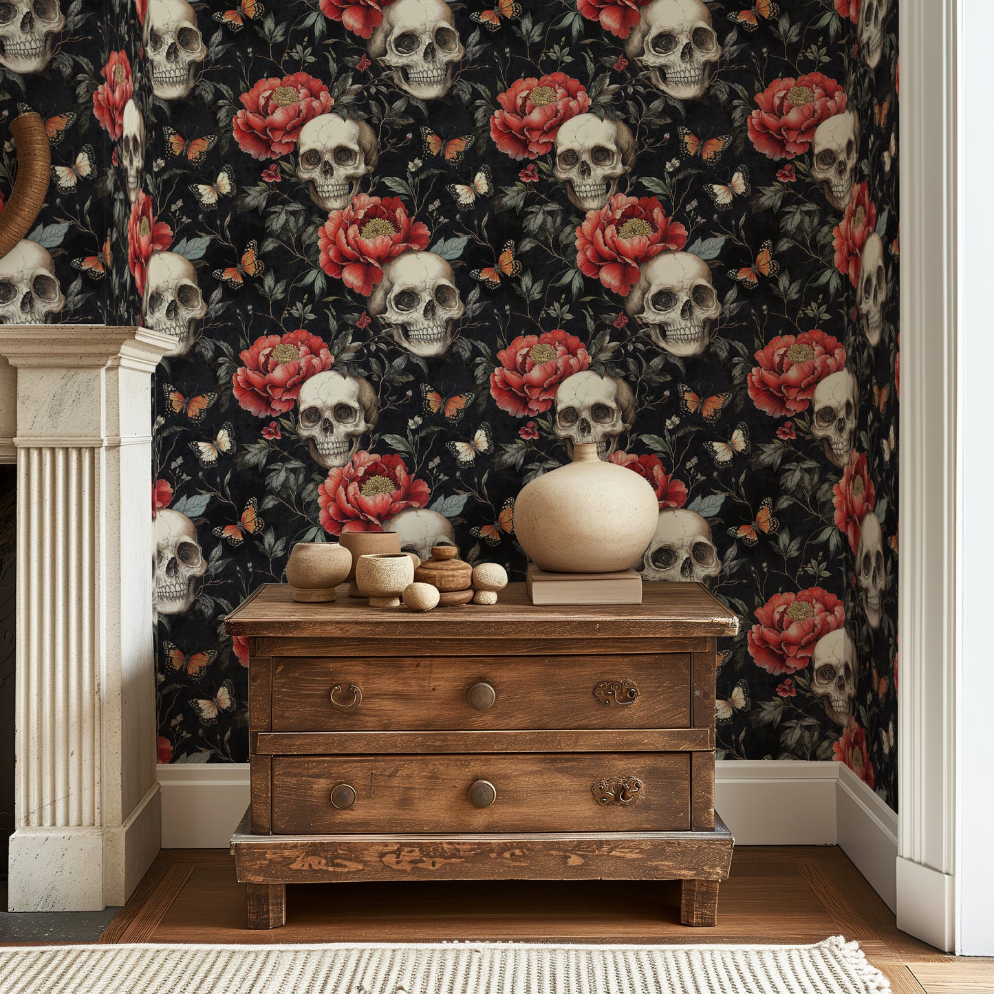 Gothic Skull and Roses Wallpaper - Dark Romantic Floral Art - WMH462