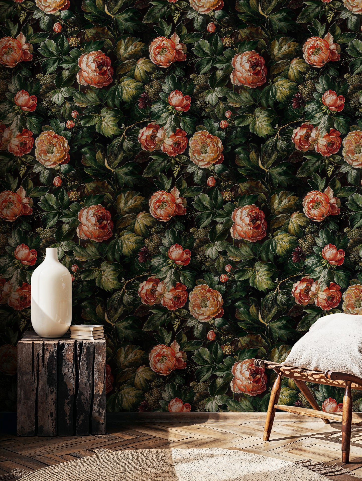 Dark Moody Floral Wallpaper - Vintage Dramatic Roses Mural - WMH461