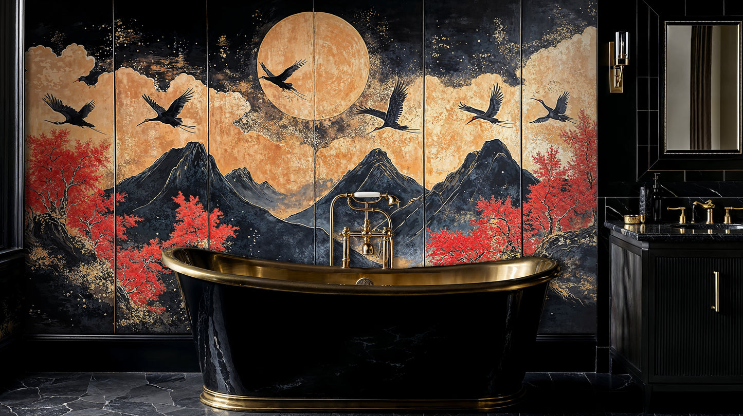 Oriental Cranes and Moon Night Sky Wall Mural, Japanese Inspired Scenic Wallpaper - WMH470