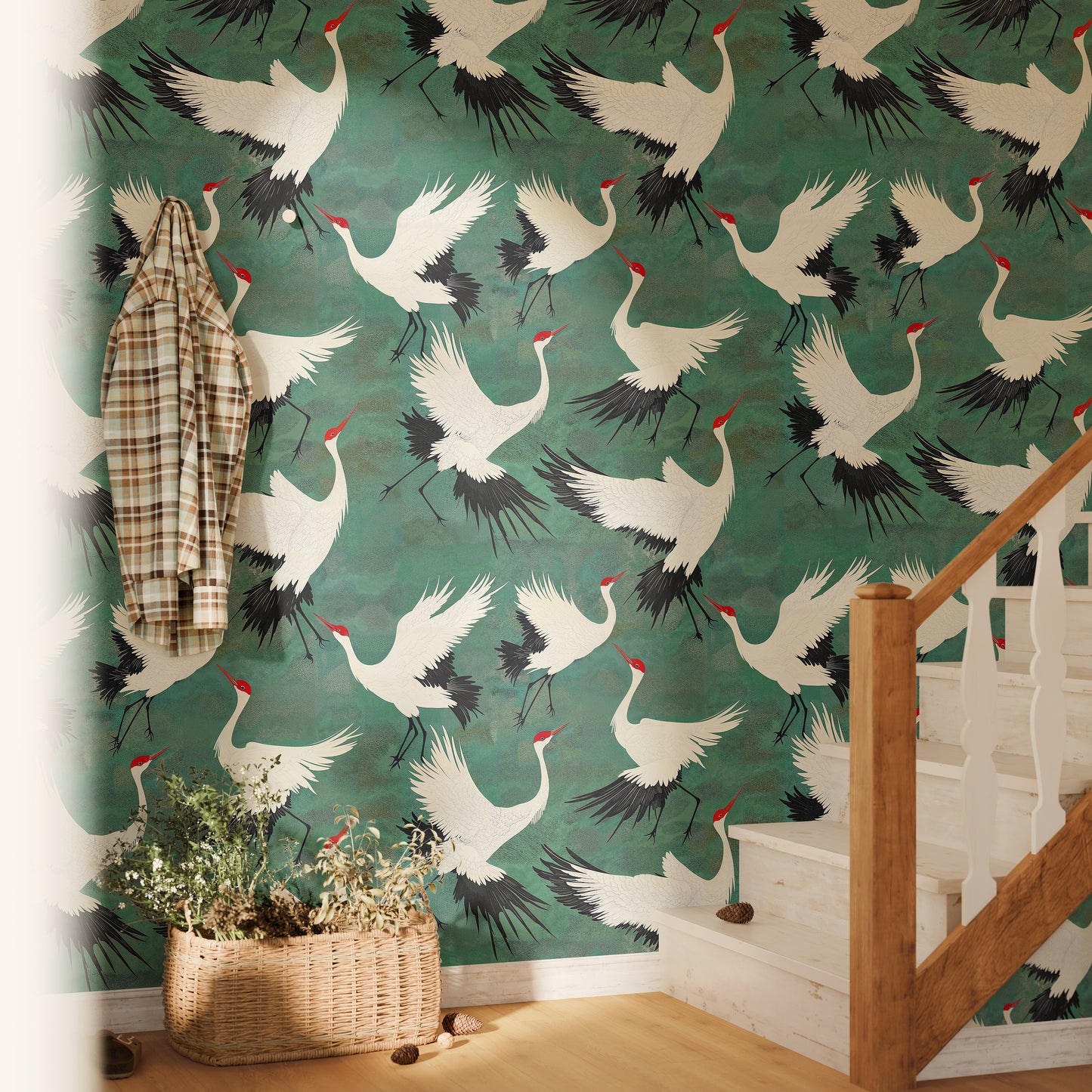 Flying Cranes Green Wallpaper – Japanese Inspired Bird Pattern Wall Art - WMH455