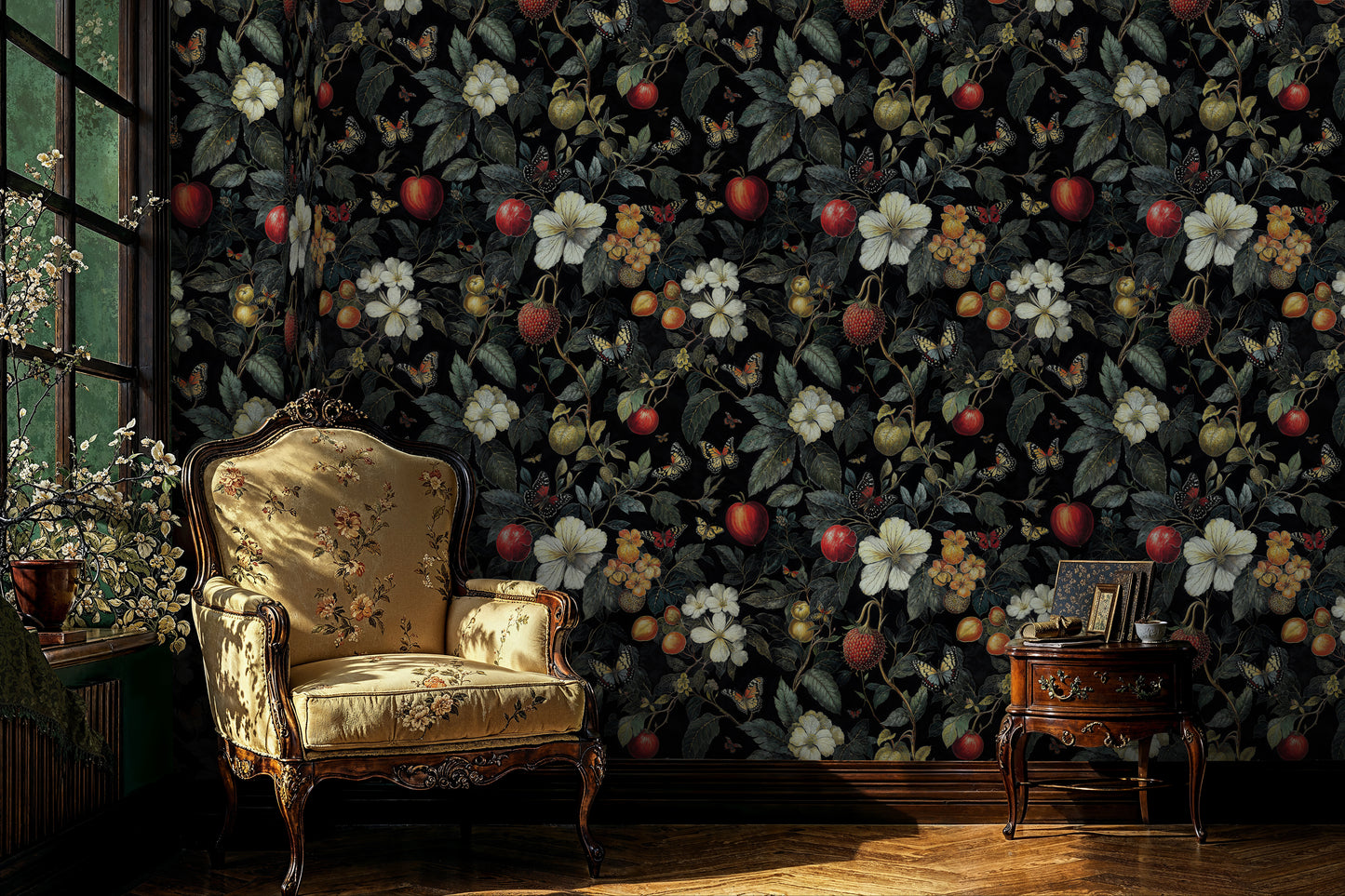 Dark Moody Botanical Fruits Wallpaper - Vintage Floral and Fruits Pattern - WMH468