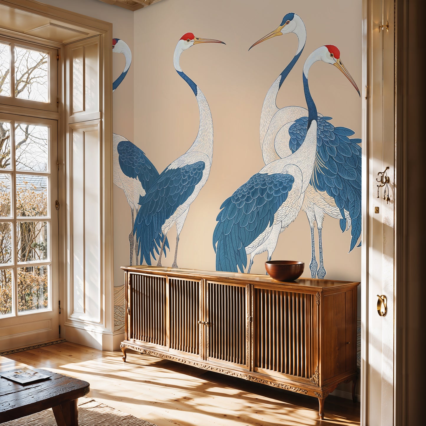 Oriental Crane Wall Mural – Elegant Bird Illustration for Grand Hallways - WMH421