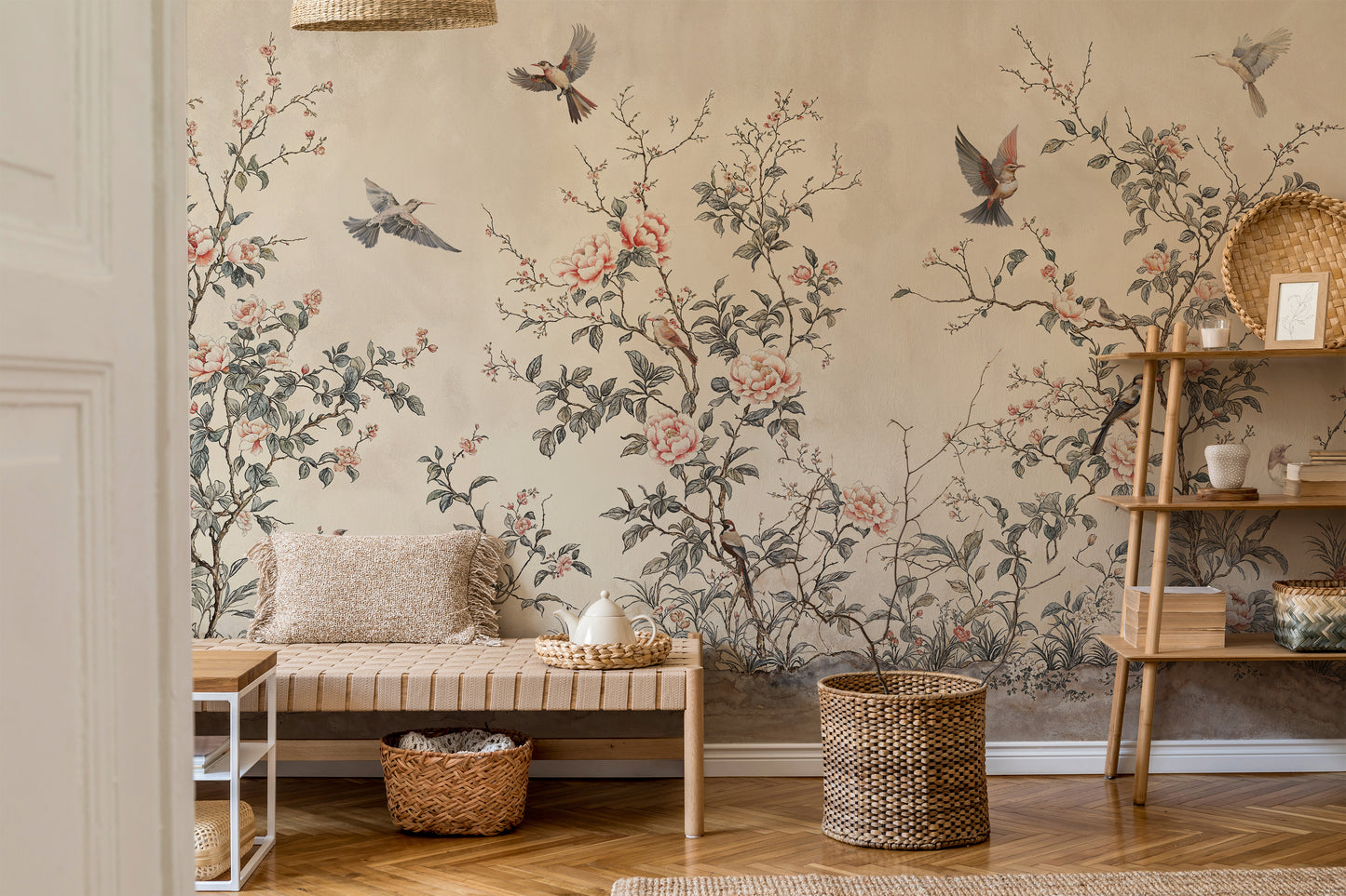 Elegant Chinoiserie Blossom Wallpaper – Birds and Peonies on Soft Background - WMH442
