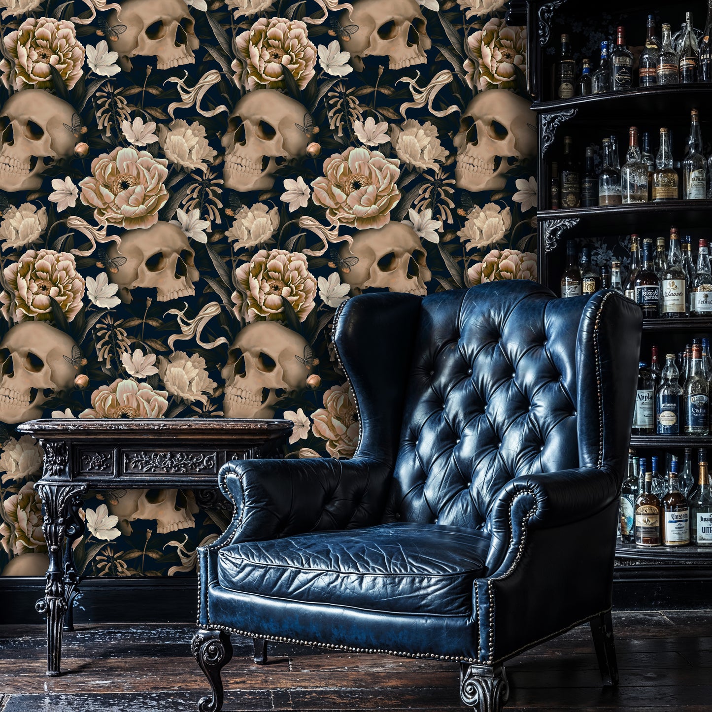 Dark Floral Skull Wallpaper – Gothic Botanical Statement Wall Art - WMH429
