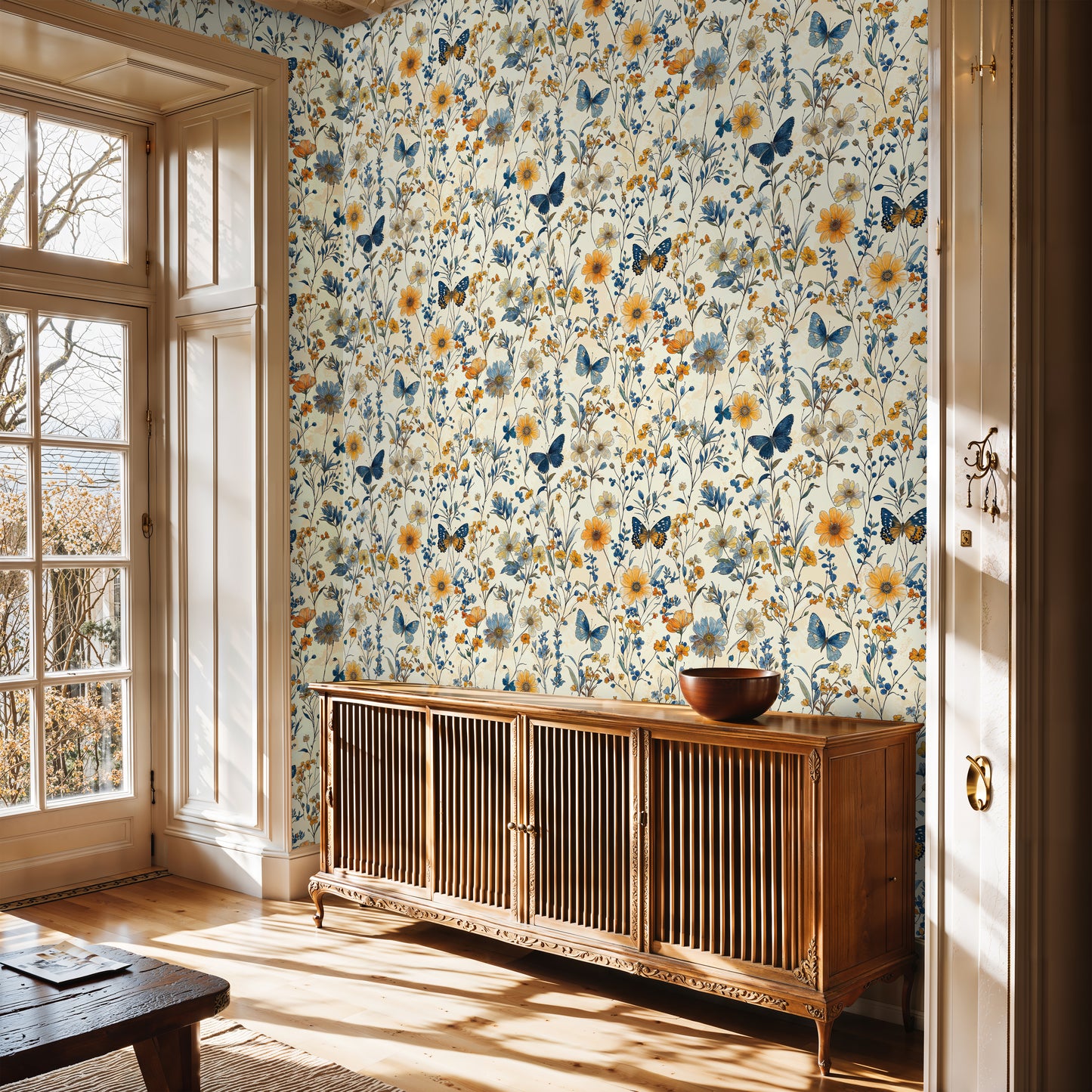 Sunny Floral Butterfly Wallpaper – Cheerful Botanical Design for Bathrooms - WMH435