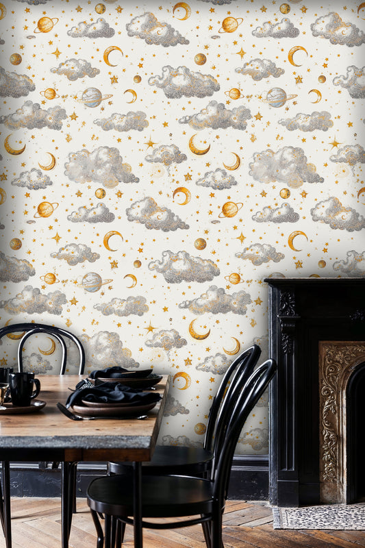 Celestial Cloud and Moon Wallpaper – Dreamy Bathroom Sky Pattern - WMH441