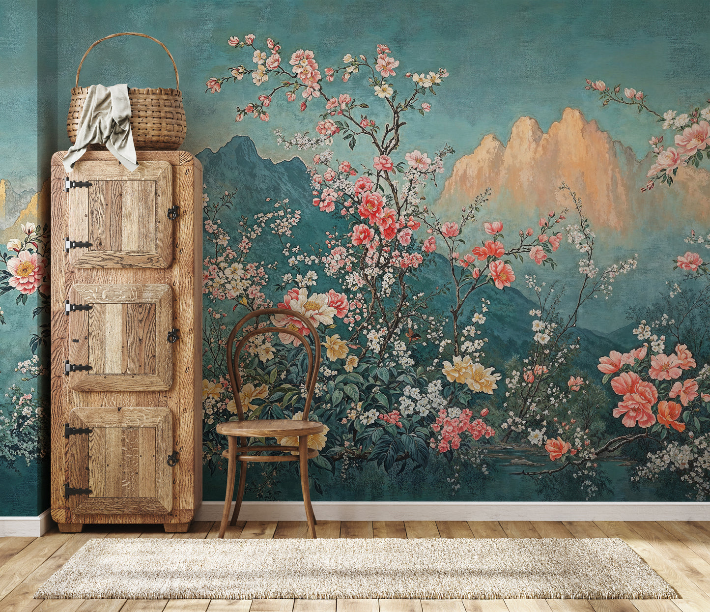 Elegant Chinoiserie Floral Mountain Landscape Wall Mural, Asian Inspired Wallpaper - WMH469