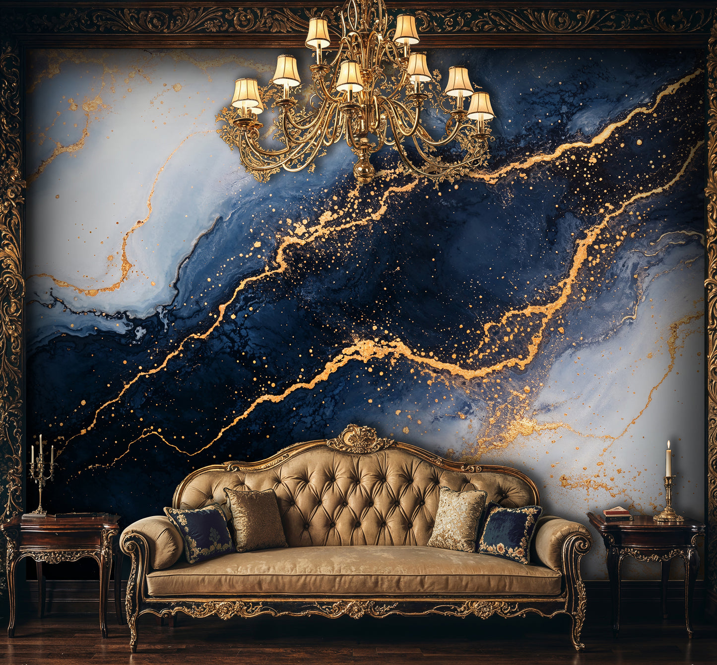 Deep Space Marble Mural – Abstract Galaxy Inspired Wall Art with Gold Veins - WMH456