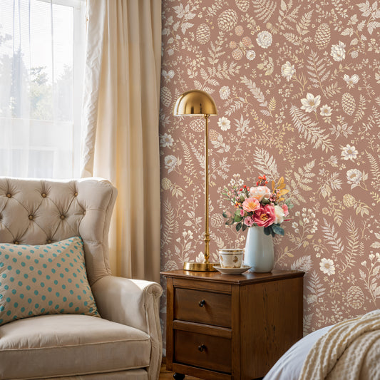 Boho Botanical Wallpaper – Earthy Toned Floral Wall Covering for Cozy Spaces - WMH424