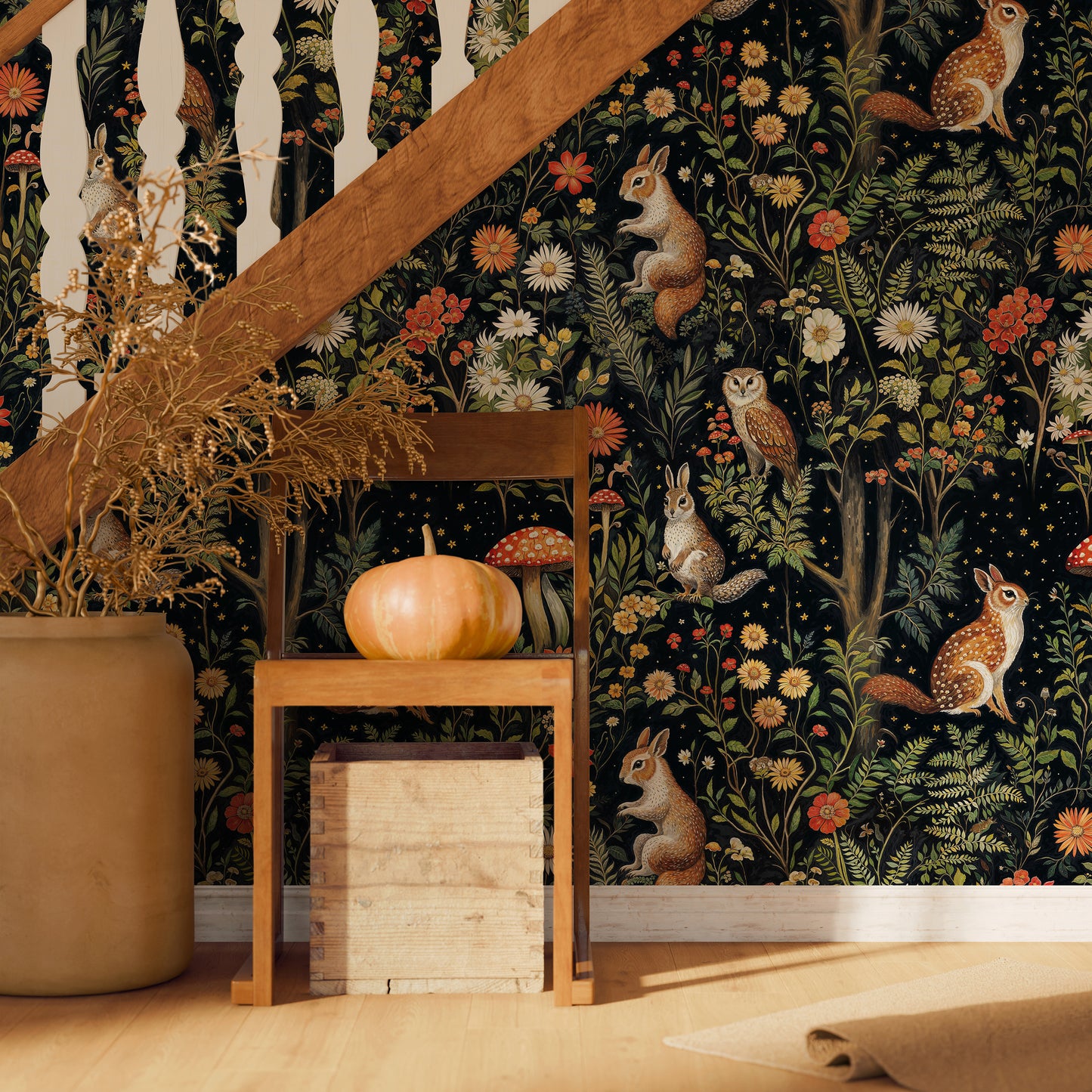 Whimsical Woodland Creatures Wallpaper – Dark Fairy Tale Forest with Animals - WMH451