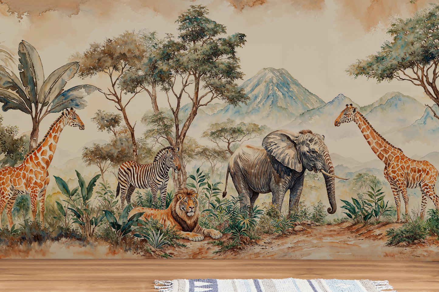Safari Jungle Kids Wallpaper – Watercolor Mural with Elephant, Giraffe & Trees - WMH452