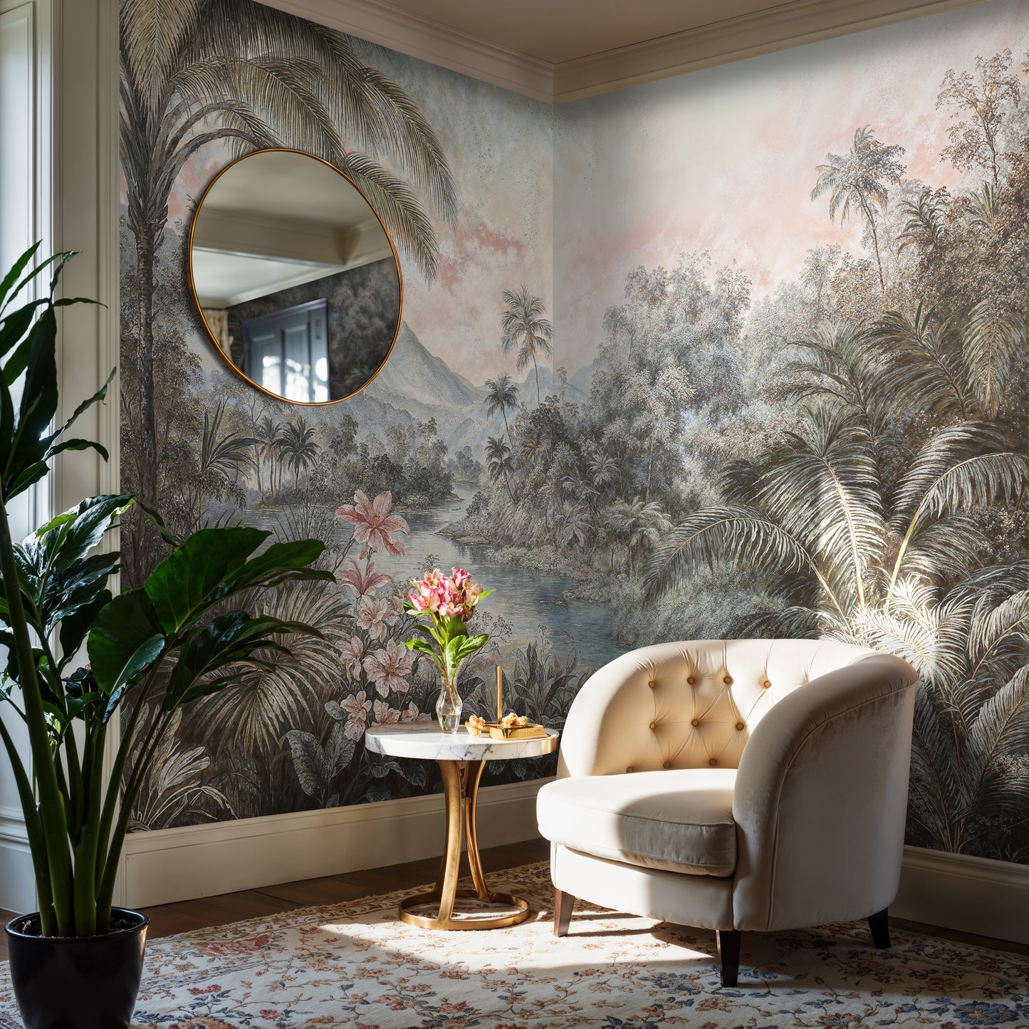 Tropical Jungle Oasis Mural – Soft Pastel Landscape Wallpaper for Living Room - WMH431