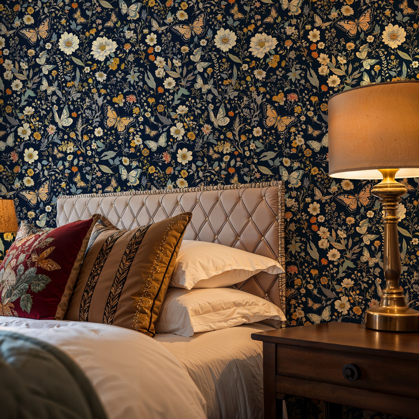 Dark Floral Butterfly Wallpaper – Moody Vintage Garden Design - WMH423