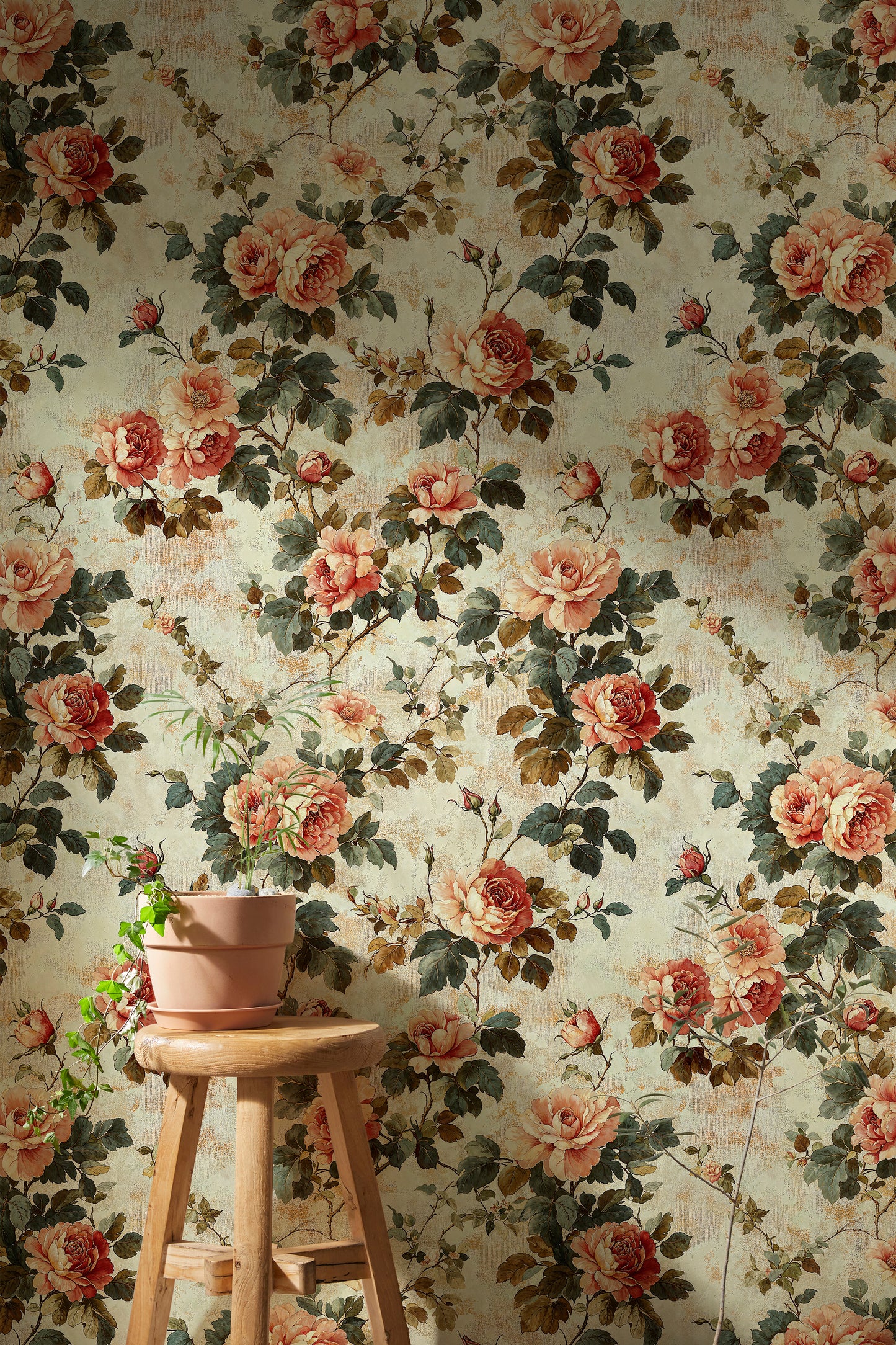 Vintage Rose Garden Wallpaper – Romantic Floral Pattern with Antique Texture - WMH445