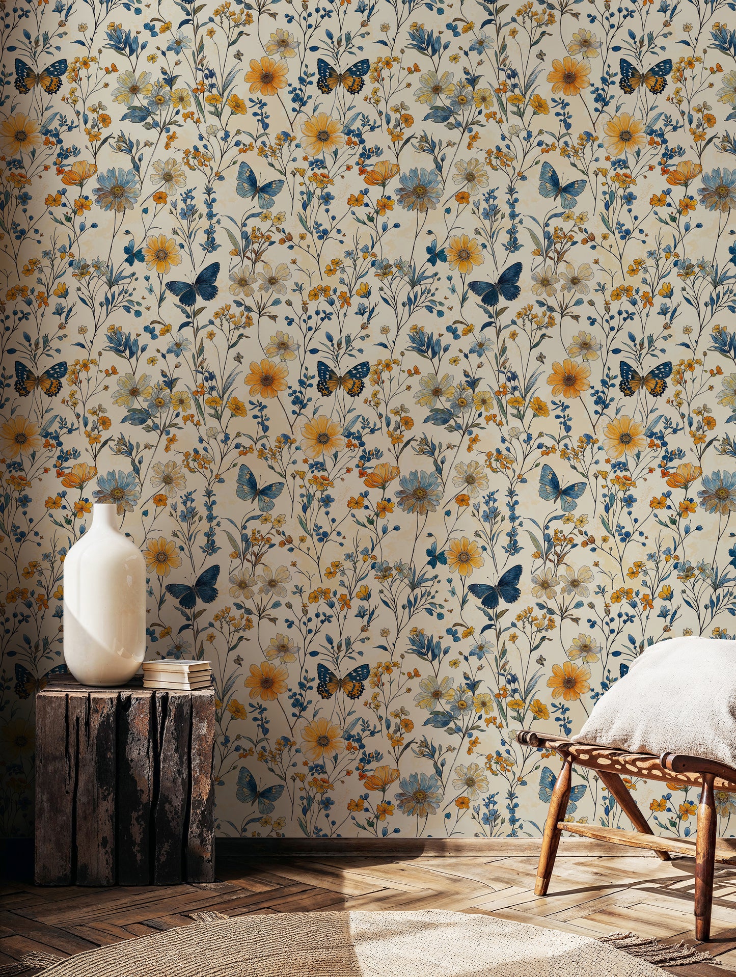Sunny Floral Butterfly Wallpaper – Cheerful Botanical Design for Bathrooms - WMH435