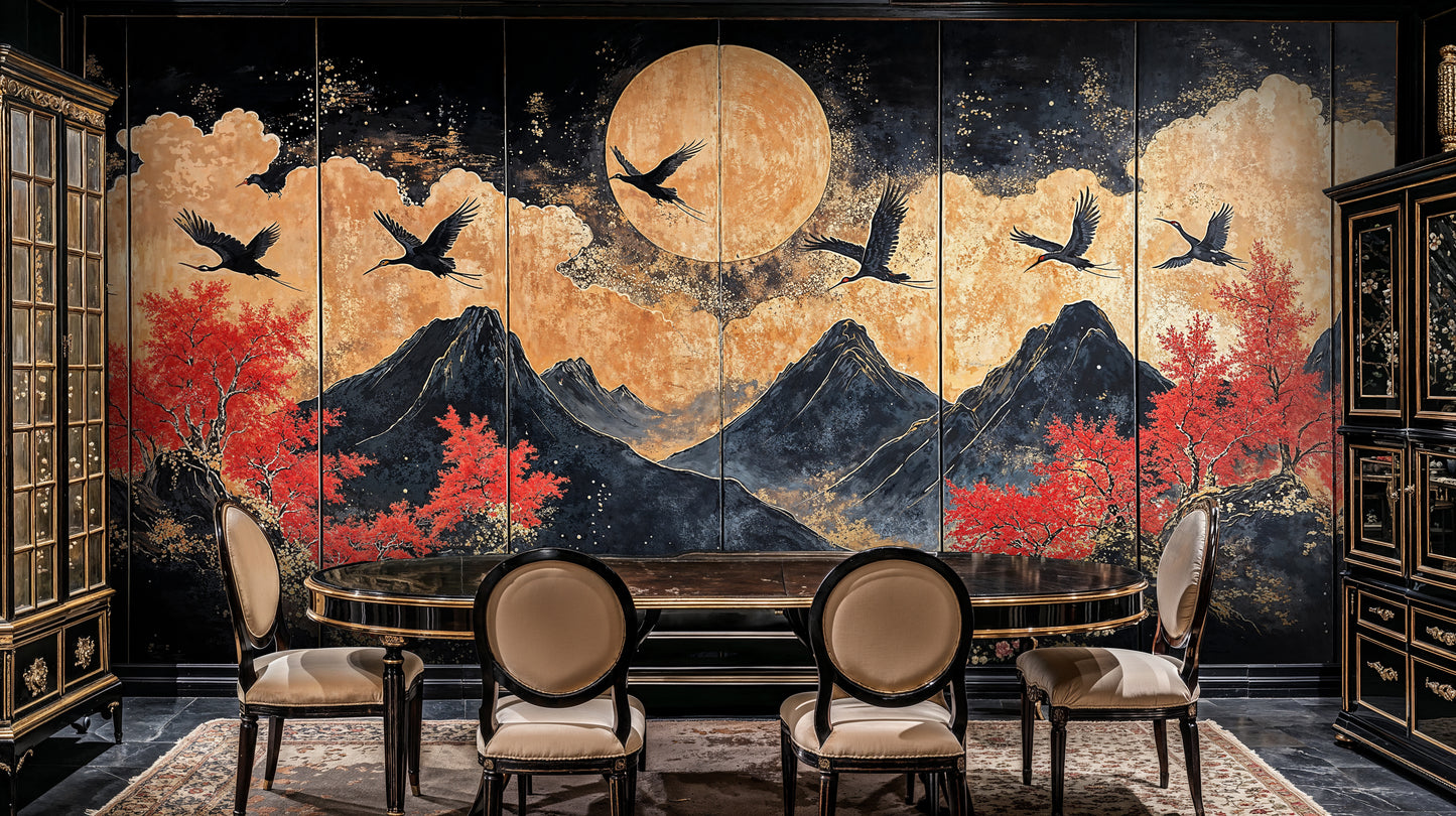 Oriental Cranes and Moon Night Sky Wall Mural, Japanese Inspired Scenic Wallpaper - WMH470