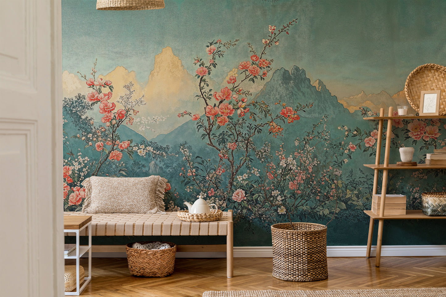 Elegant Chinoiserie Floral Mountain Landscape Wall Mural, Asian Inspired Wallpaper - WMH469