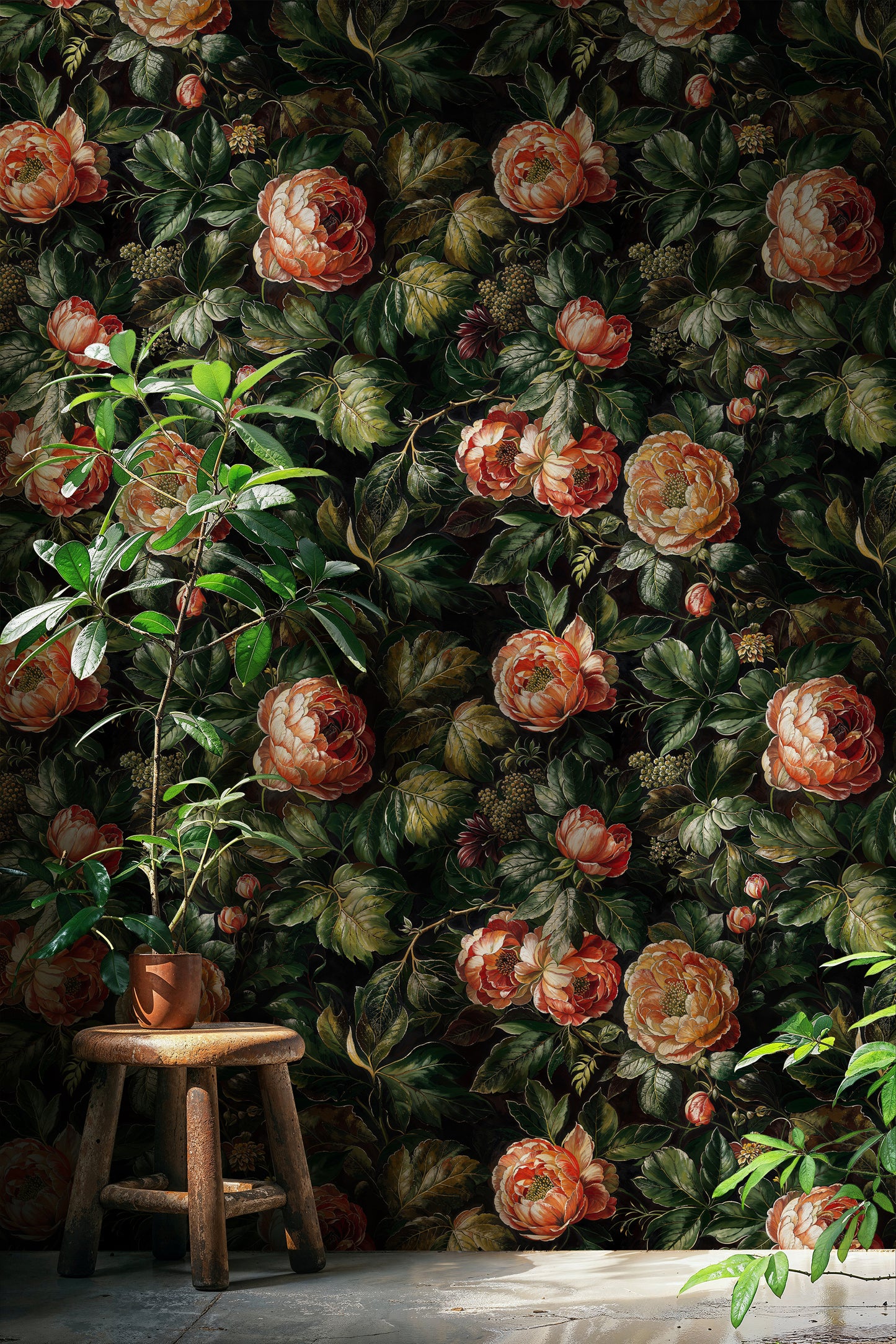 Dark Moody Floral Wallpaper - Vintage Dramatic Roses Mural - WMH461
