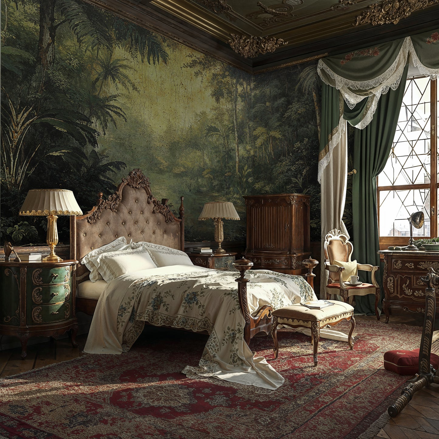 Vintage Jungle Landscape Wallpaper - Antique Green Forest Scene - WMH459