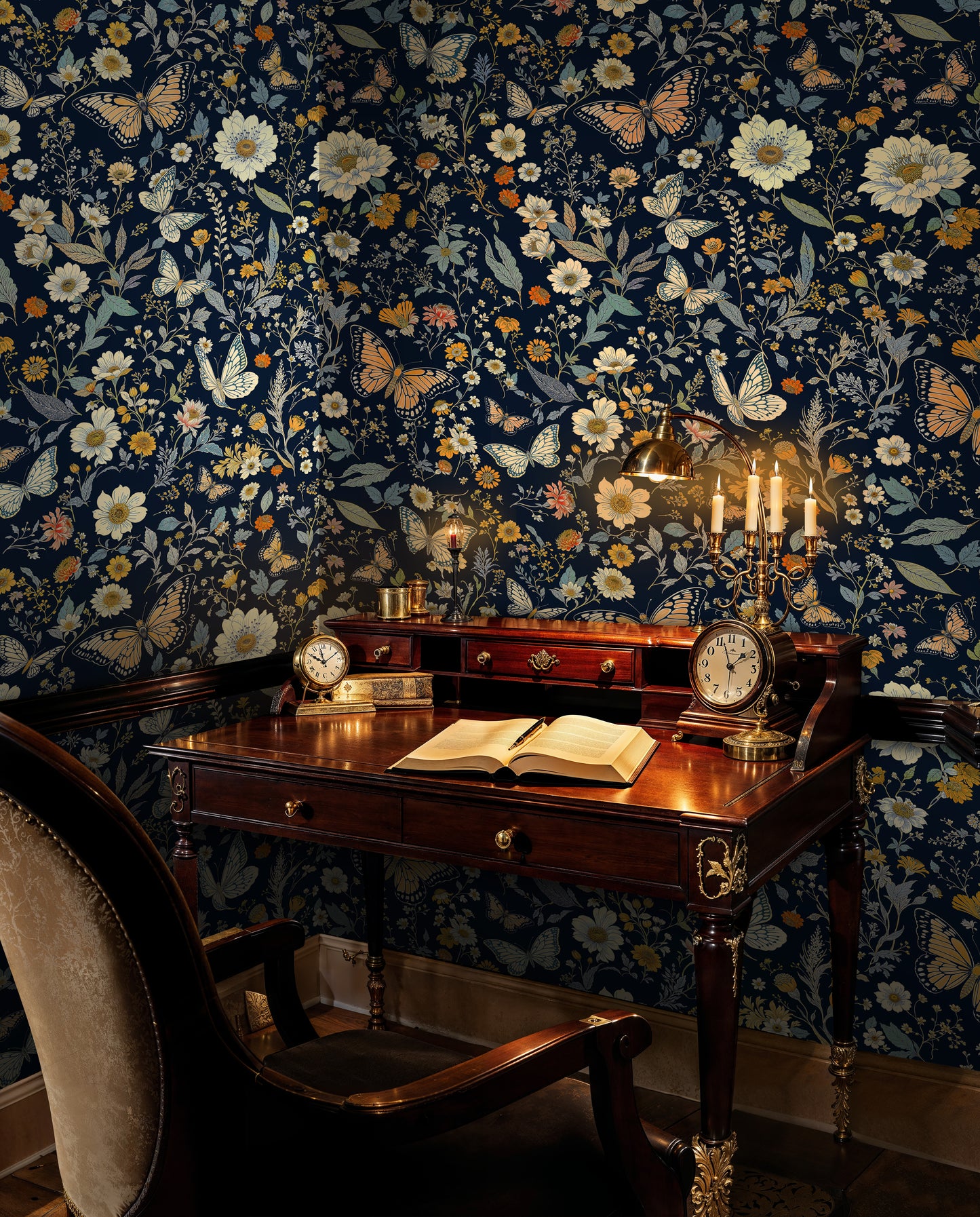Dark Floral Butterfly Wallpaper – Moody Vintage Garden Design - WMH423