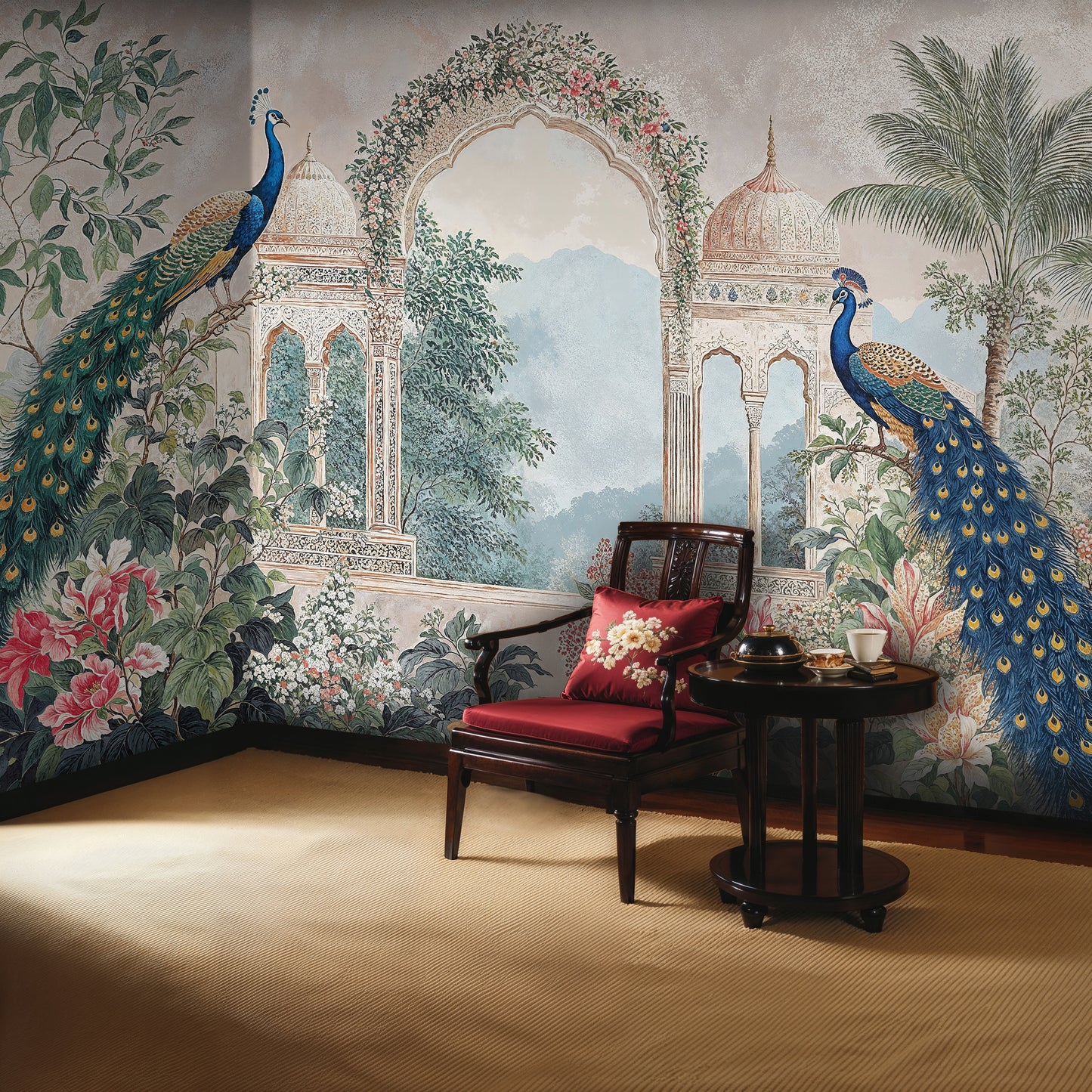 Exotic Peacock Paradise Wallpaper - Vintage Indian Arch Scene - WMH463