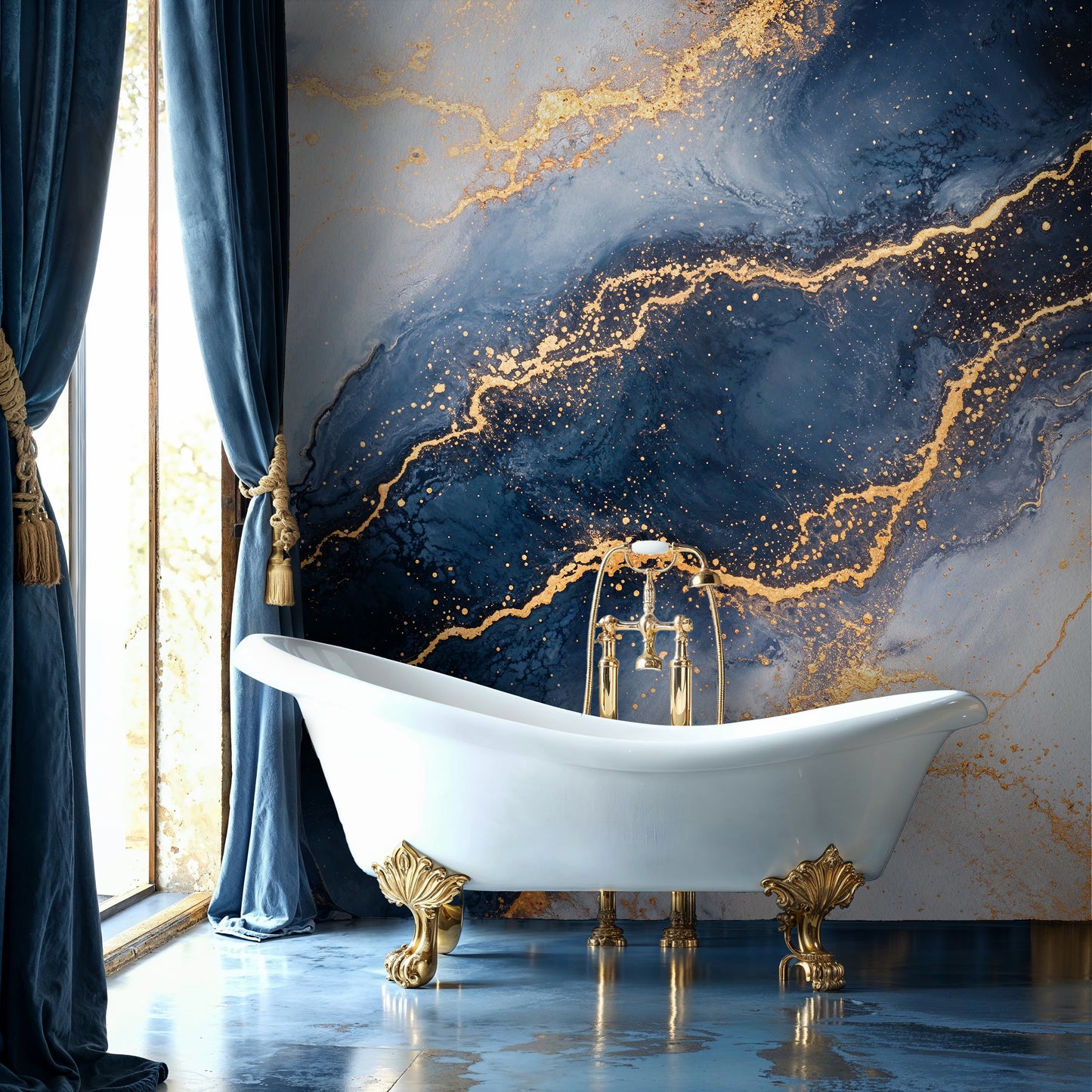 Deep Space Marble Mural – Abstract Galaxy Inspired Wall Art with Gold Veins - WMH456
