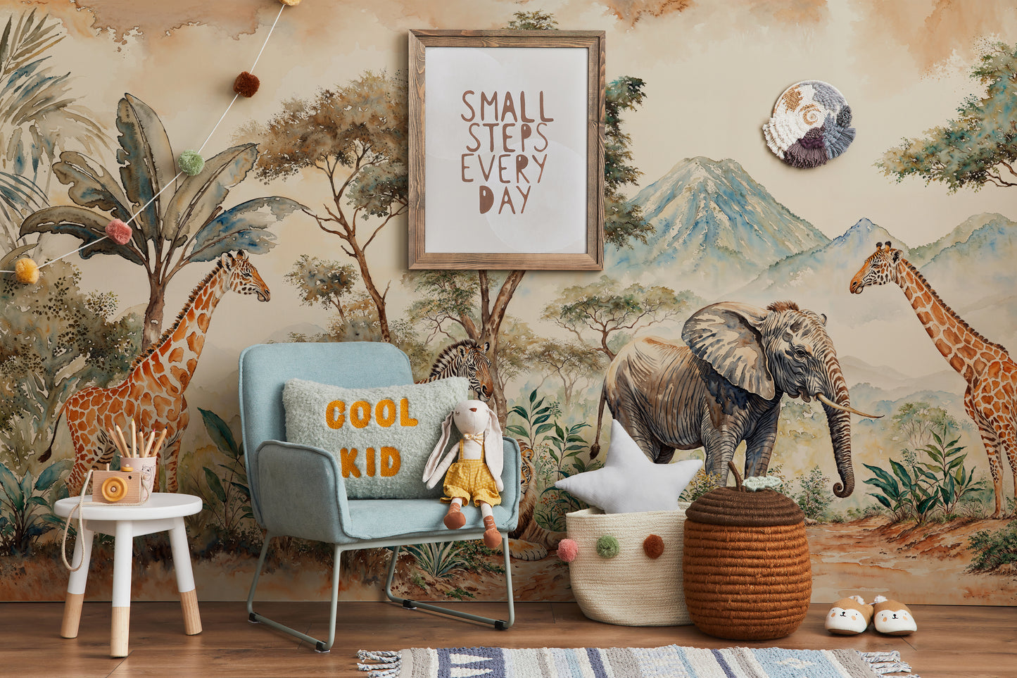 Safari Jungle Kids Wallpaper – Watercolor Mural with Elephant, Giraffe & Trees - WMH452