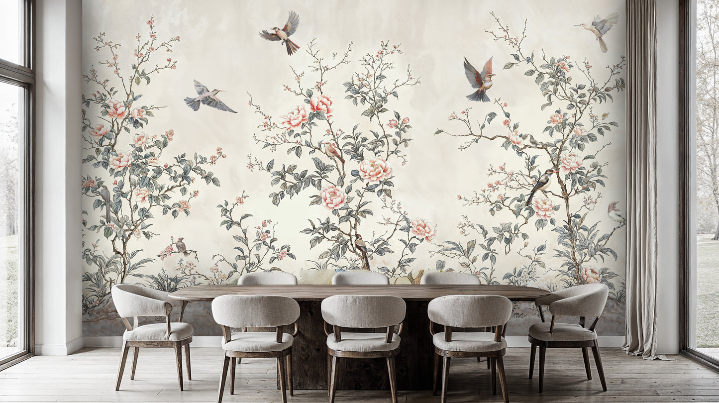 Elegant Chinoiserie Blossom Wallpaper – Birds and Peonies on Soft Background - WMH442