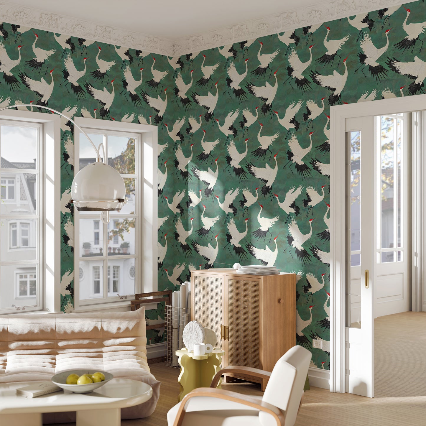 Flying Cranes Green Wallpaper – Japanese Inspired Bird Pattern Wall Art - WMH455