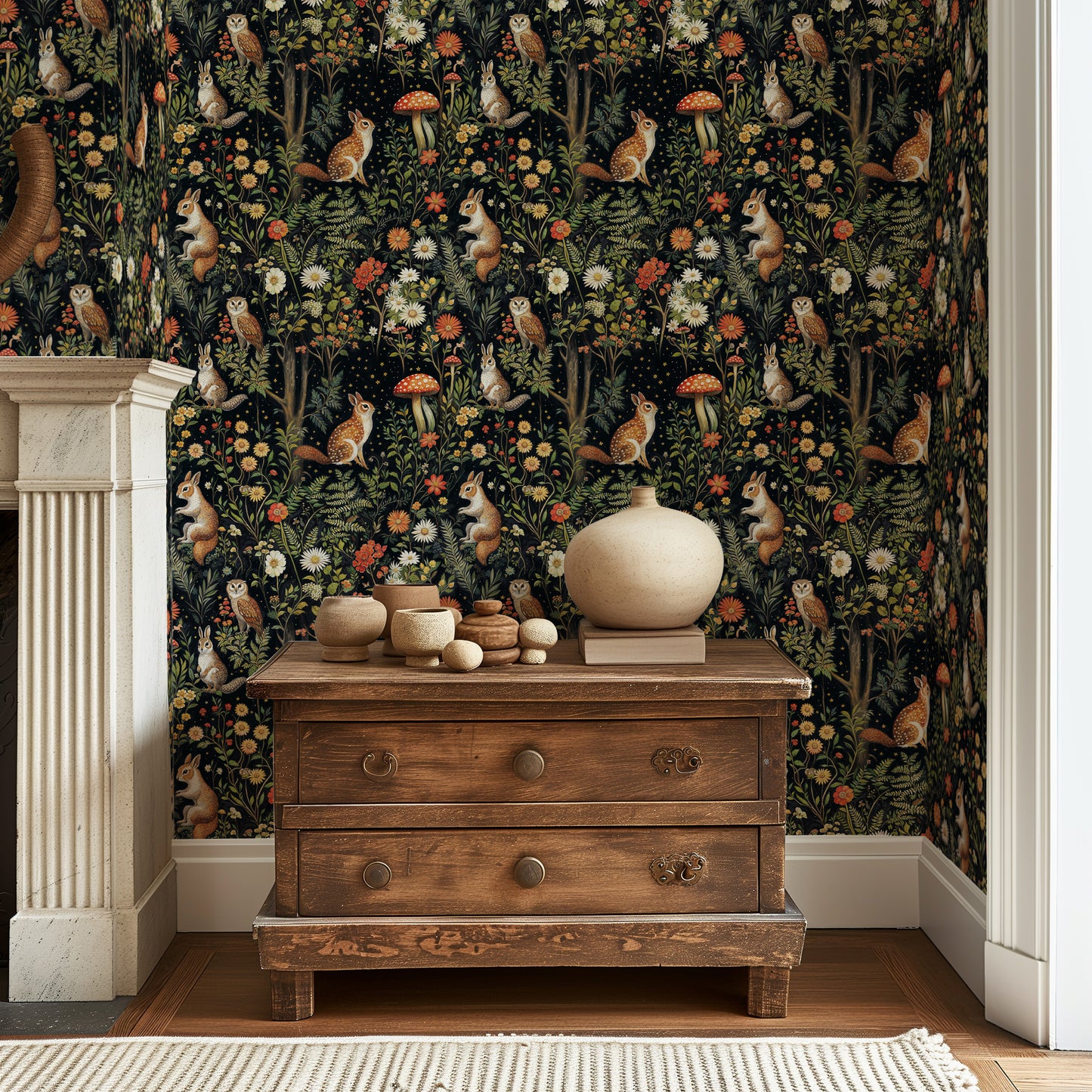 Whimsical Woodland Creatures Wallpaper – Dark Fairy Tale Forest with Animals - WMH451