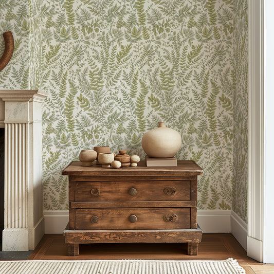 Botanical Fern Pattern Wallpaper – Soft Green Nature-Inspired Wall Covering - WMH420