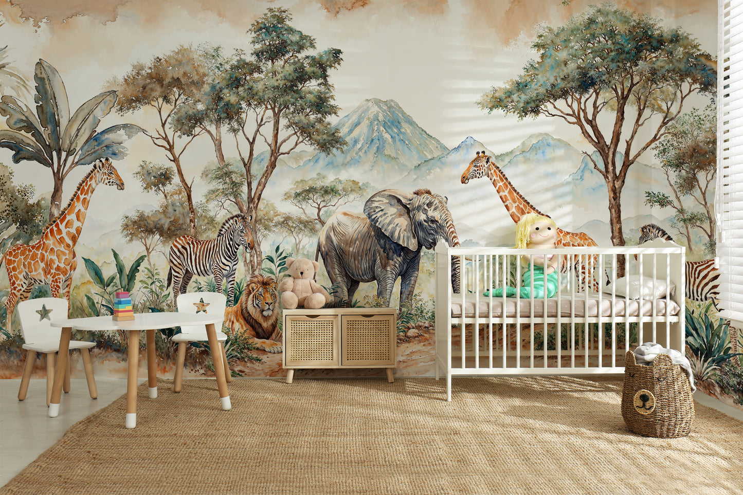 Safari Jungle Kids Wallpaper – Watercolor Mural with Elephant, Giraffe & Trees - WMH452