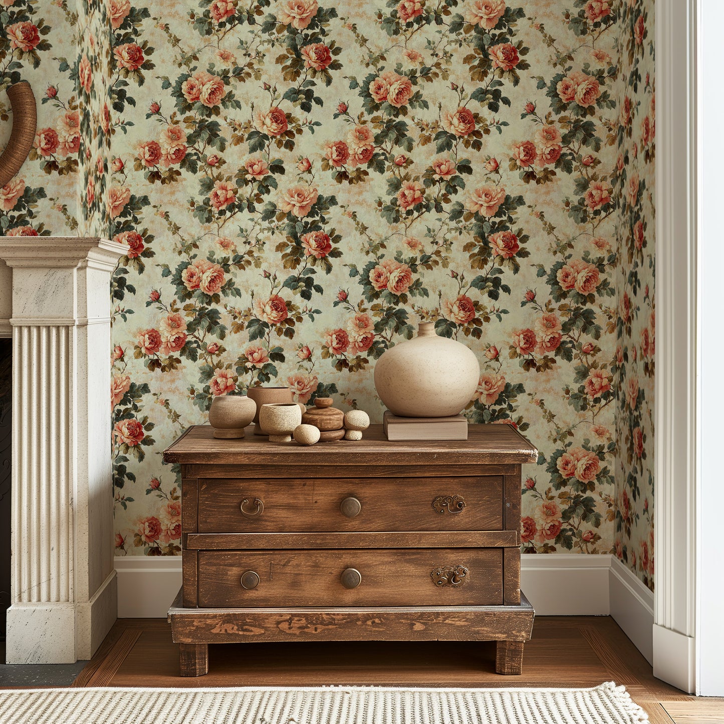 Vintage Rose Garden Wallpaper – Romantic Floral Pattern with Antique Texture - WMH445
