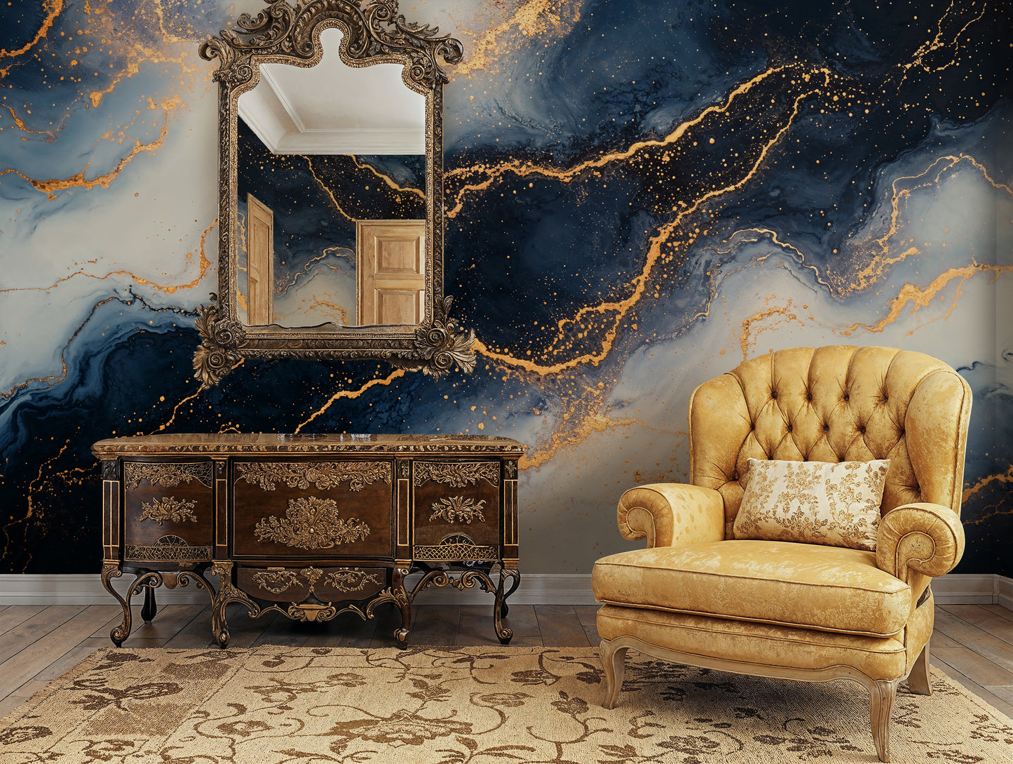 Deep Space Marble Mural – Abstract Galaxy Inspired Wall Art with Gold Veins - WMH456