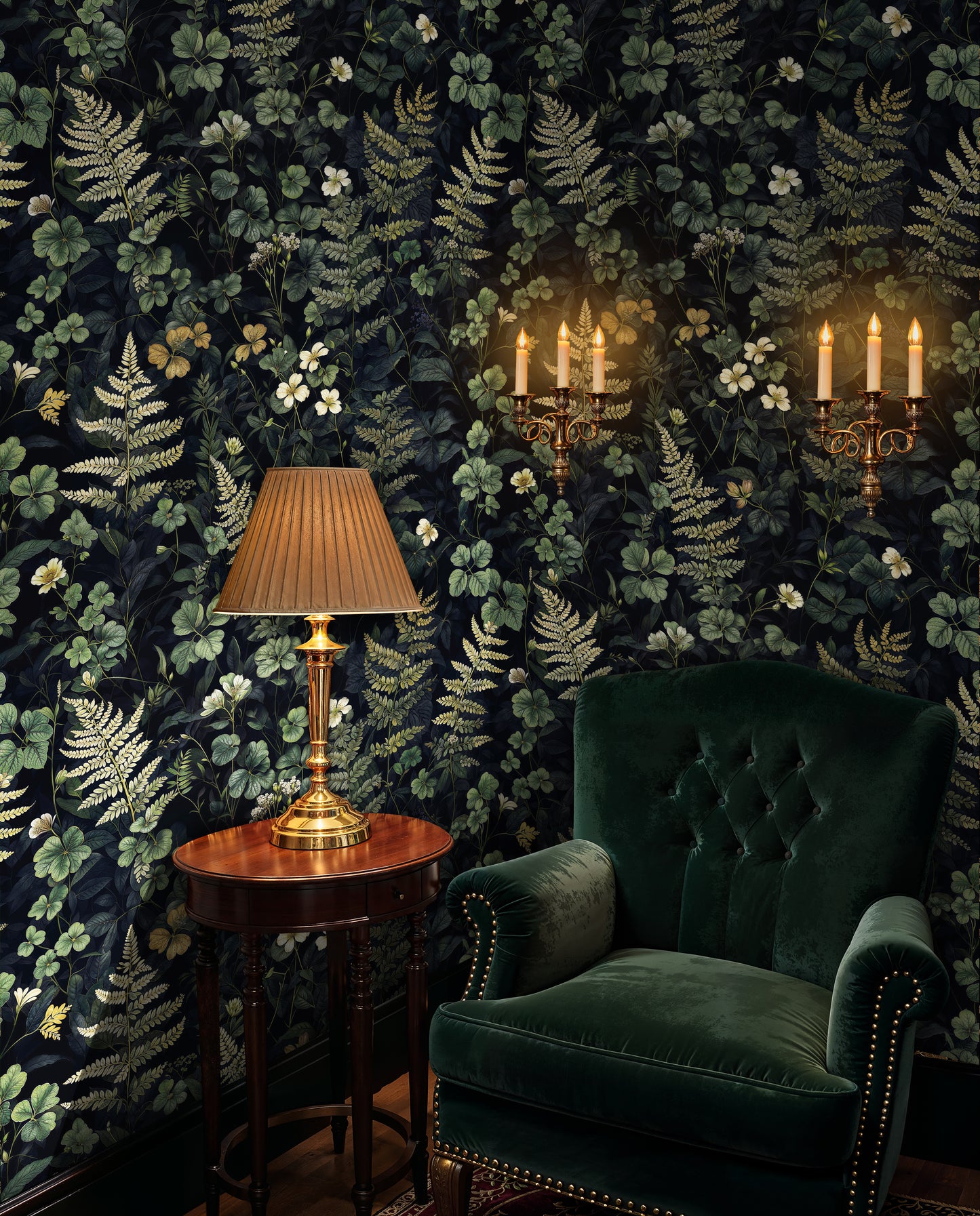 Dark Botanical Fern Mural – Moody Forest-Inspired Wallpaper for Bedrooms - WMH436