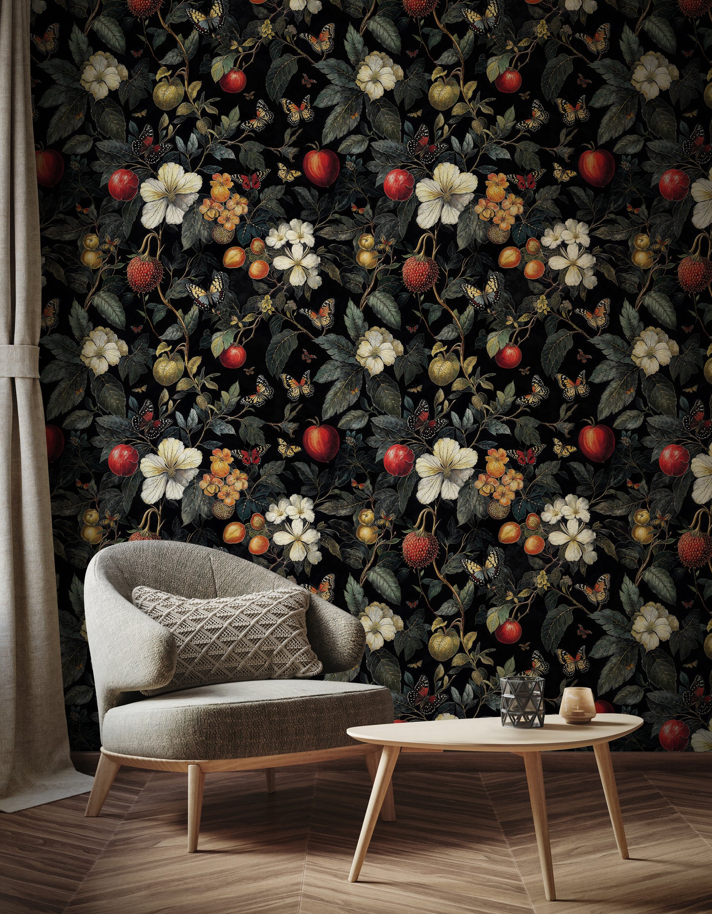 Dark Moody Botanical Fruits Wallpaper - Vintage Floral and Fruits Pattern - WMH468