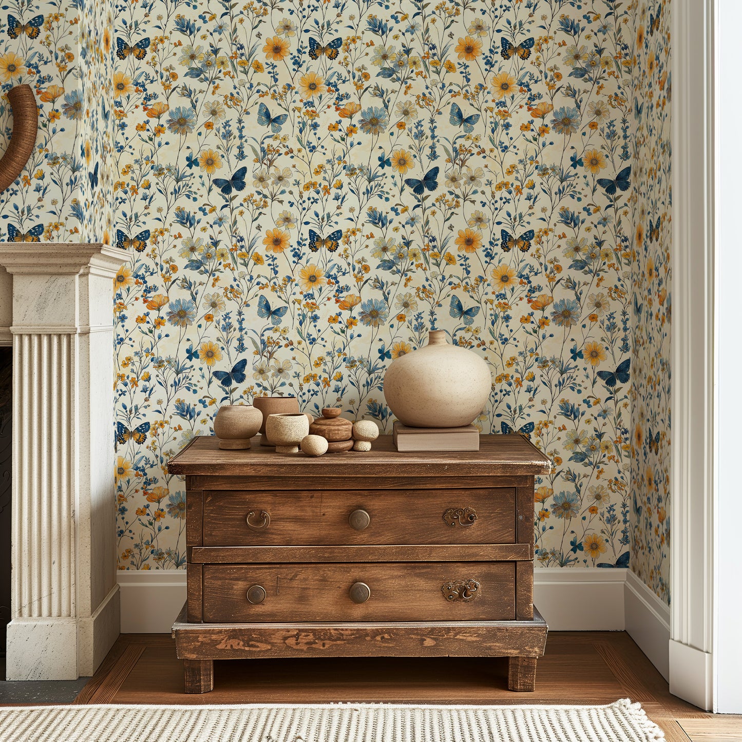 Sunny Floral Butterfly Wallpaper – Cheerful Botanical Design for Bathrooms - WMH435