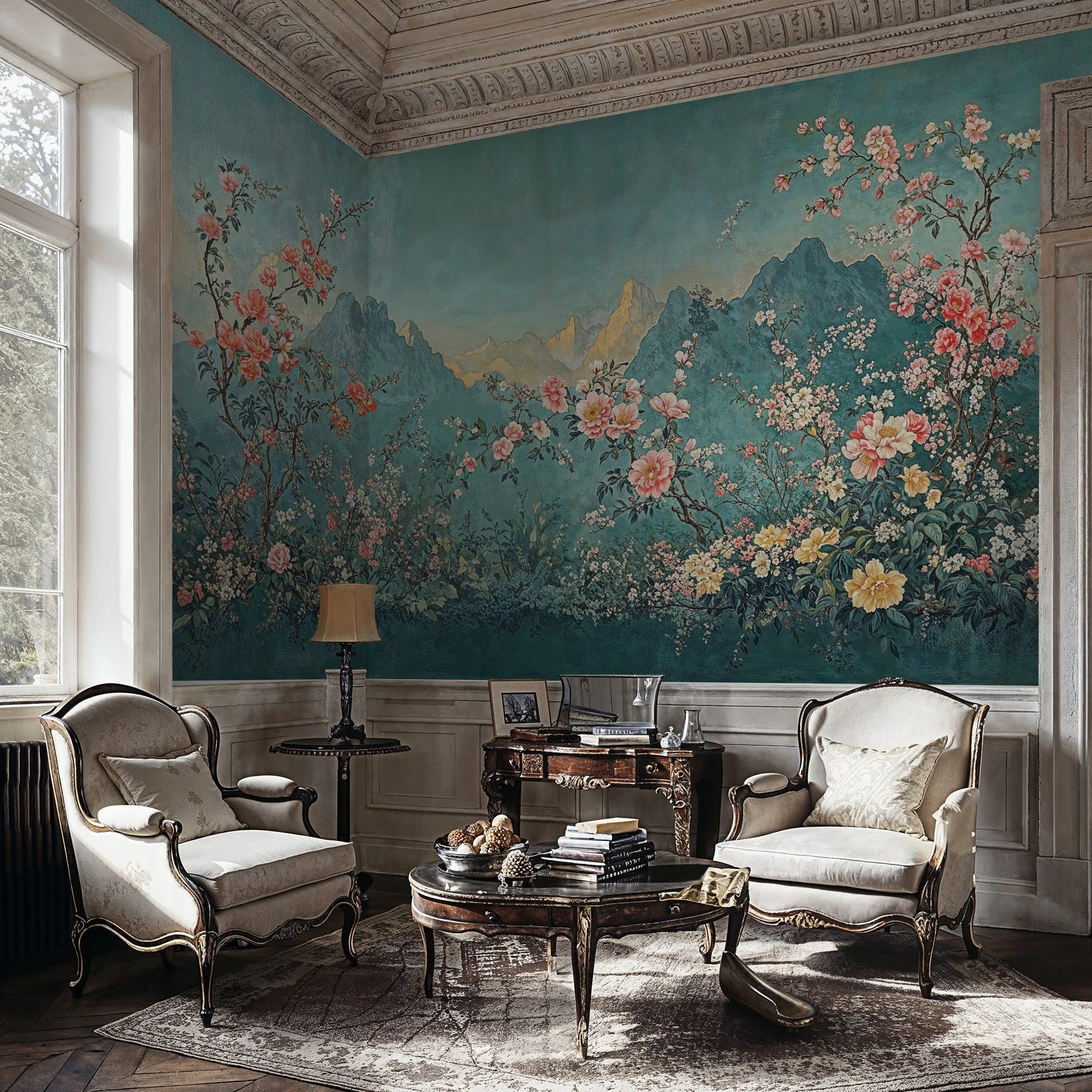 Elegant Chinoiserie Floral Mountain Landscape Wall Mural, Asian Inspired Wallpaper - WMH469