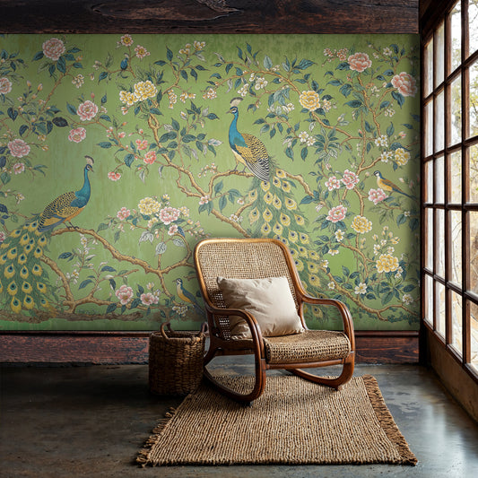 Chinoiserie Green Wallpaper with Peacocks and Blossoms – Elegant Botanical Design - WMH419