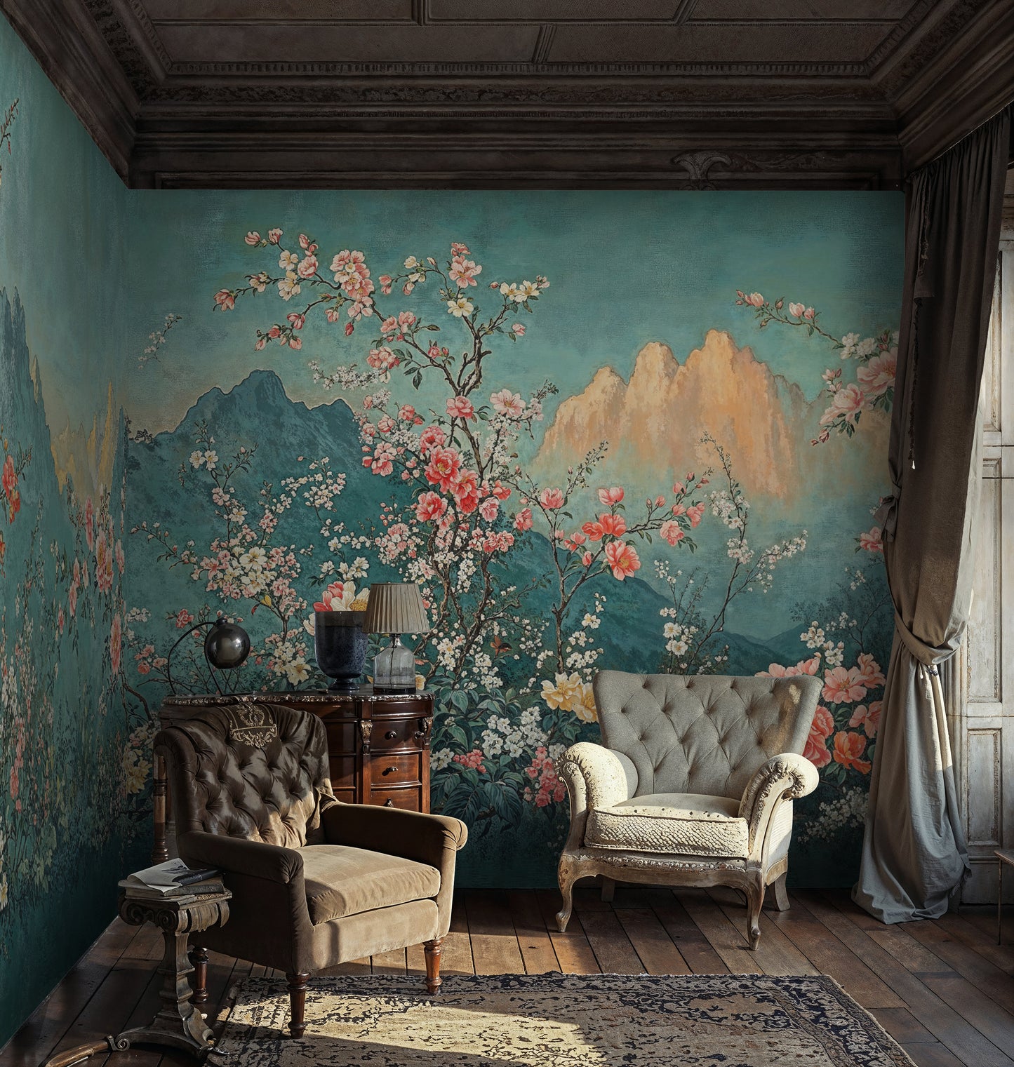 Elegant Chinoiserie Floral Mountain Landscape Wall Mural, Asian Inspired Wallpaper - WMH469