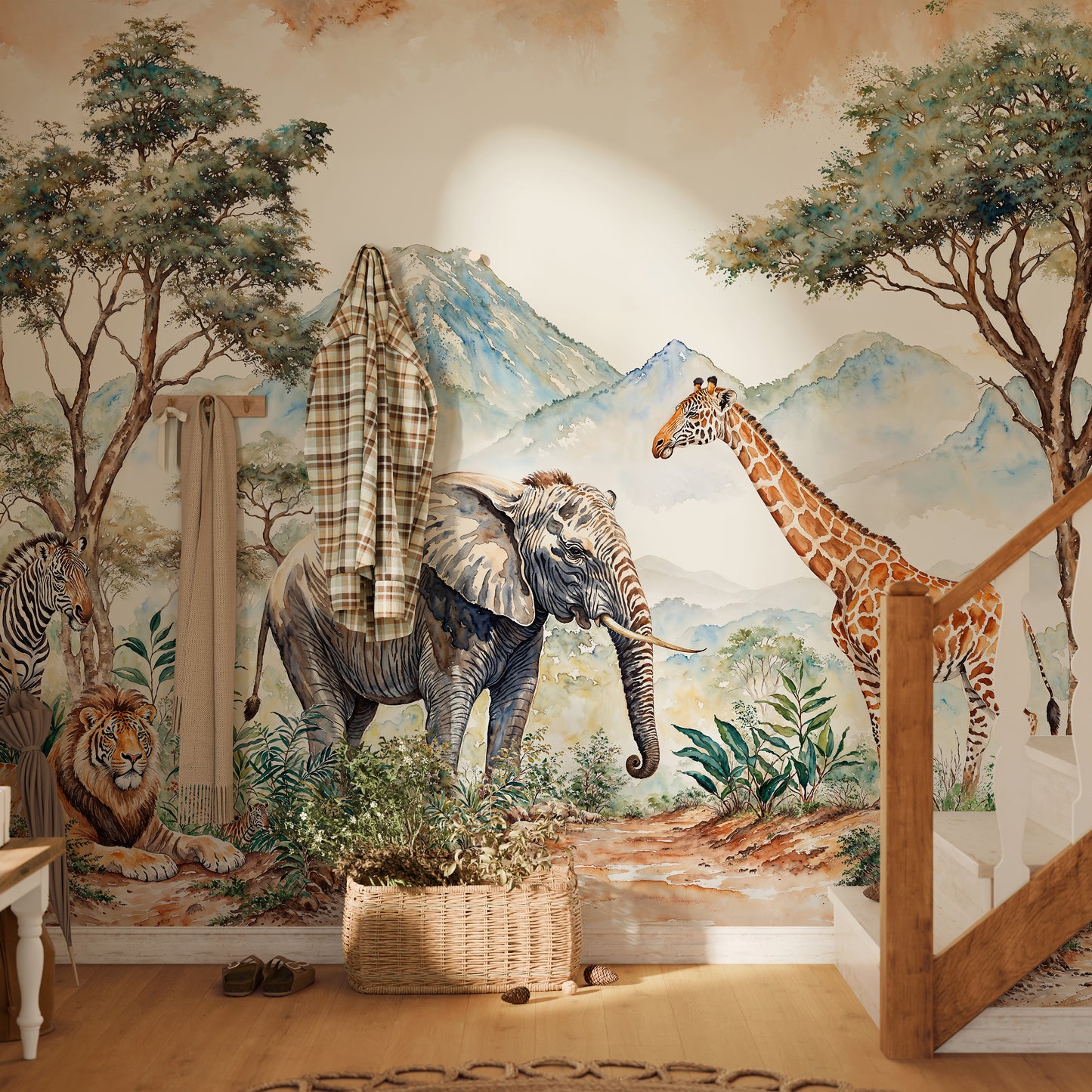 Safari Jungle Kids Wallpaper – Watercolor Mural with Elephant, Giraffe & Trees - WMH452