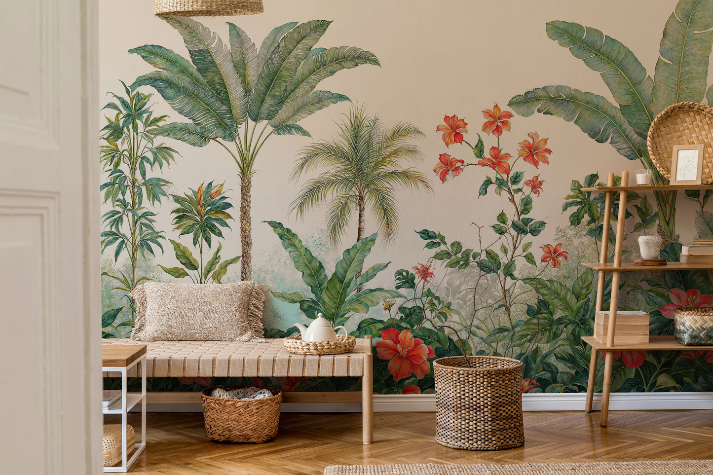 Tropical Palm Tree Mural – Light Botanical Jungle Wallpaper for Living Rooms - WMH448