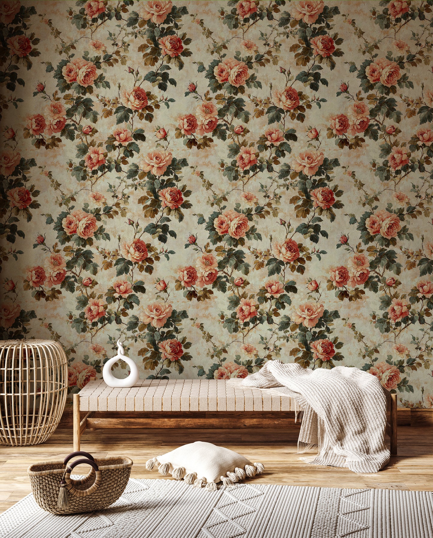 Vintage Rose Garden Wallpaper – Romantic Floral Pattern with Antique Texture - WMH445