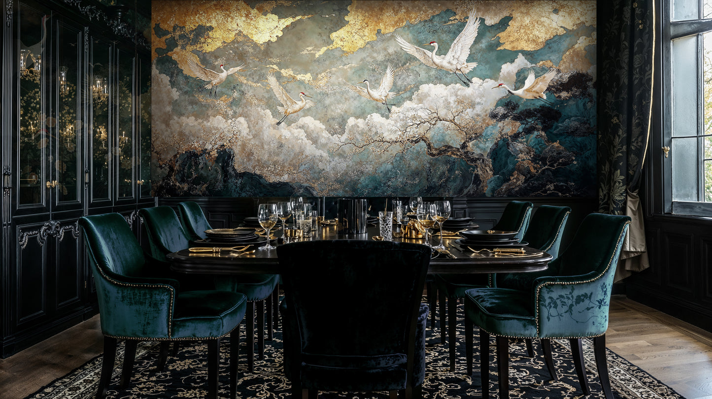 Elegant Crane and Cloud Wallpaper – Luxurious Oriental Mural with Gold Details - WMH449