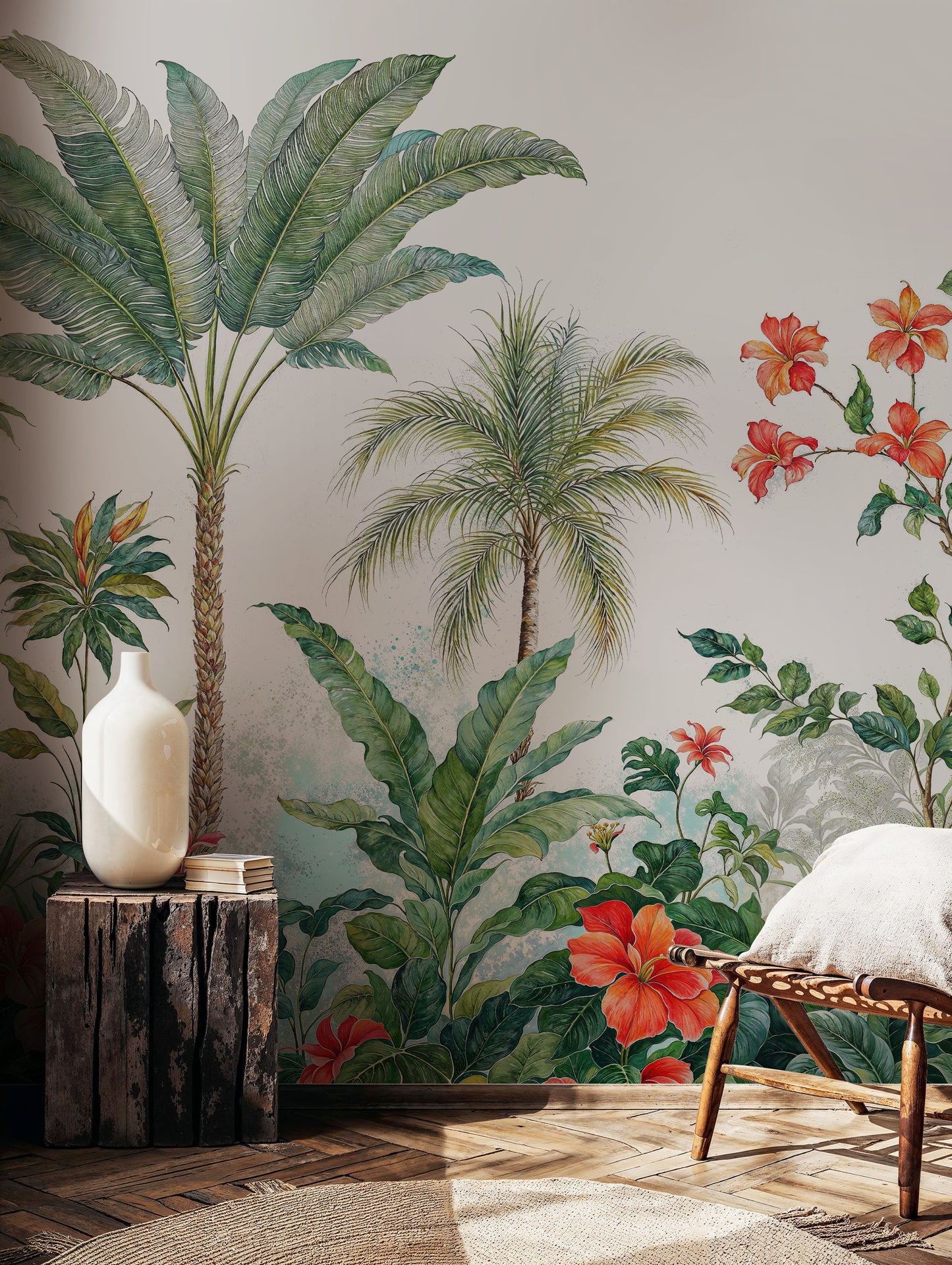 Tropical Palm Tree Mural – Light Botanical Jungle Wallpaper for Living Rooms - WMH448