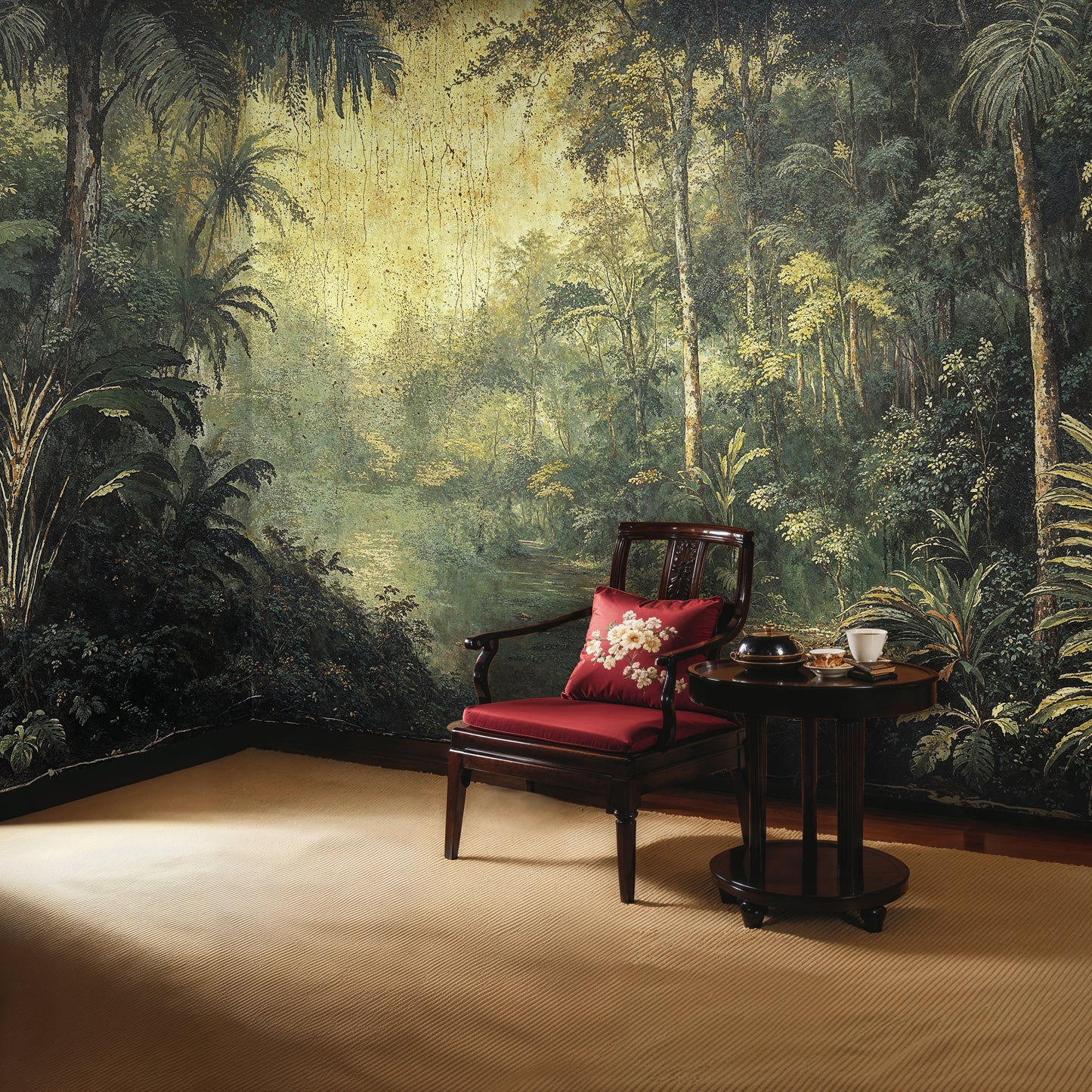 Vintage Jungle Landscape Wallpaper - Antique Green Forest Scene - WMH459