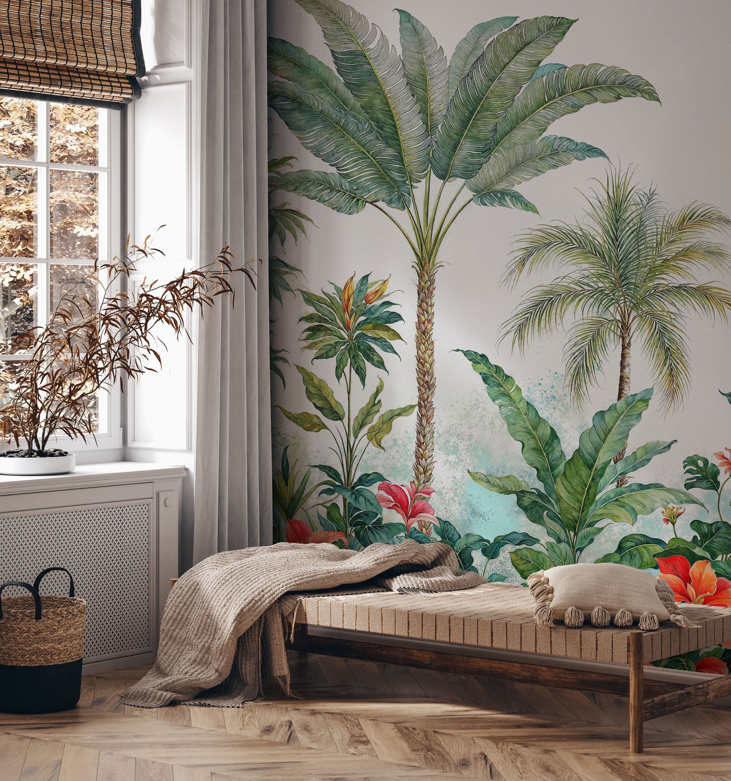 Tropical Palm Tree Mural – Light Botanical Jungle Wallpaper for Living Rooms - WMH448