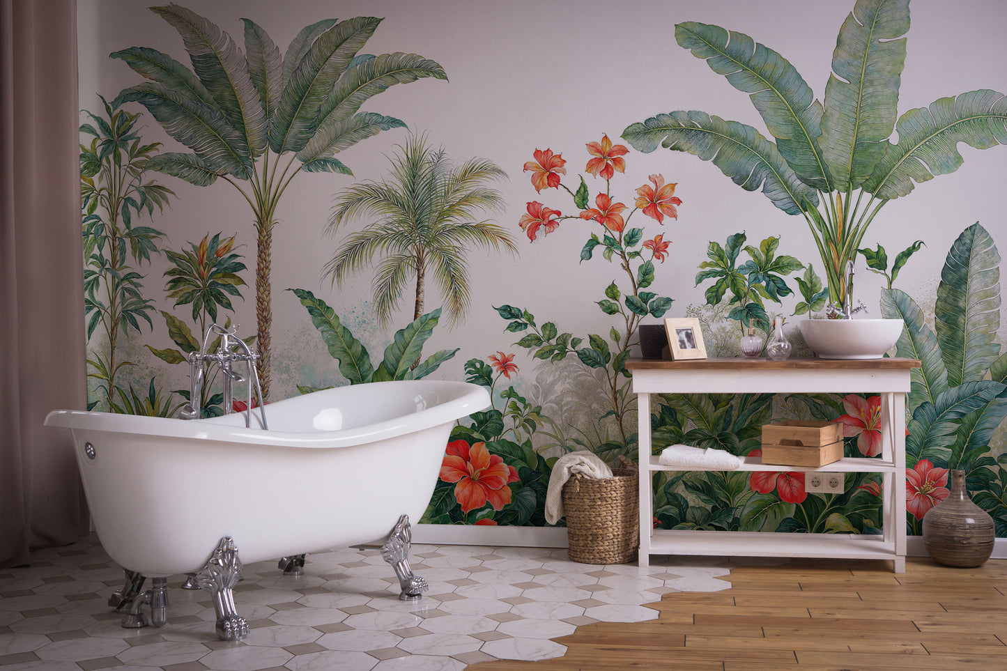 Tropical Palm Tree Mural – Light Botanical Jungle Wallpaper for Living Rooms - WMH448