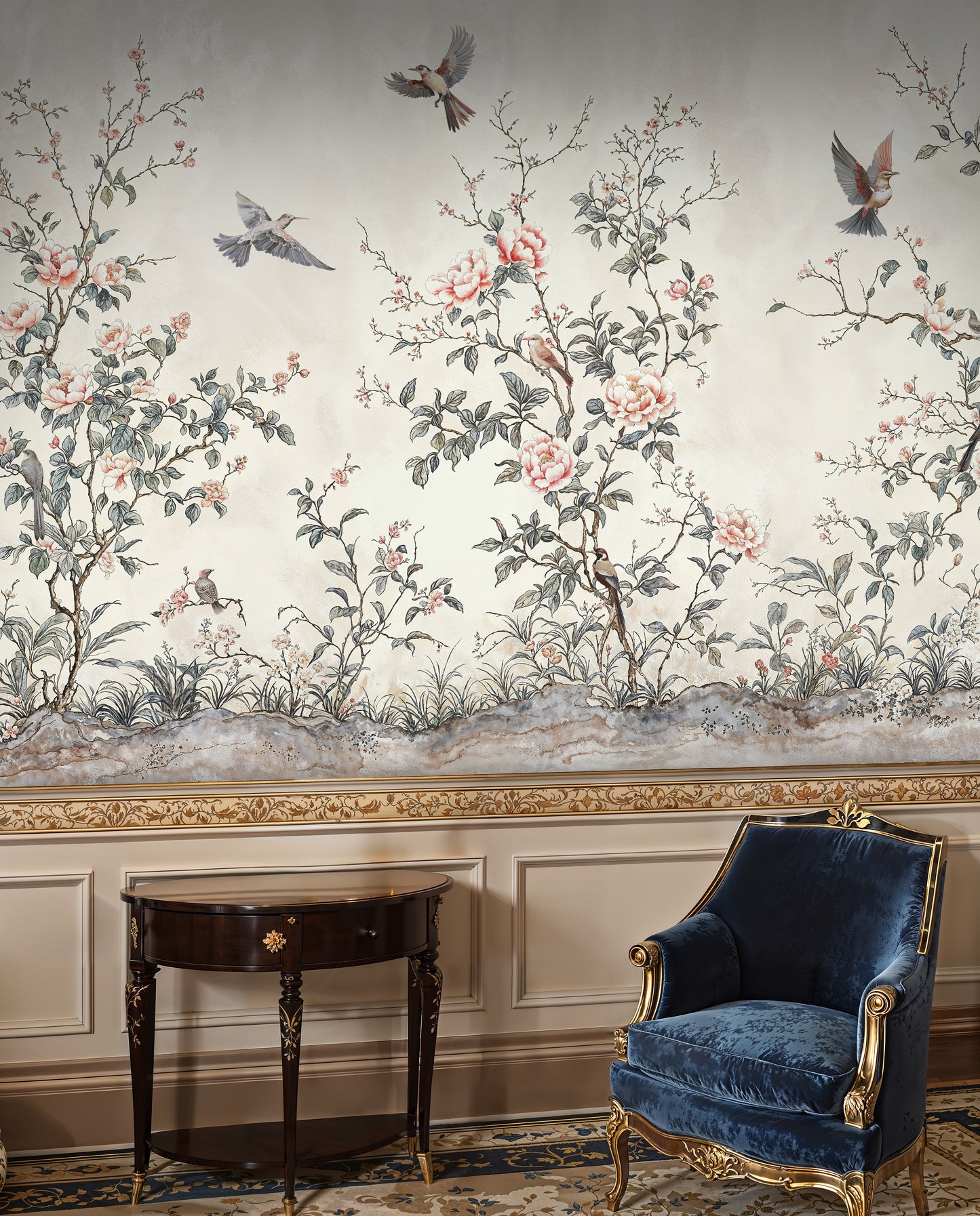 Elegant Chinoiserie Blossom Wallpaper – Birds and Peonies on Soft Background - WMH442