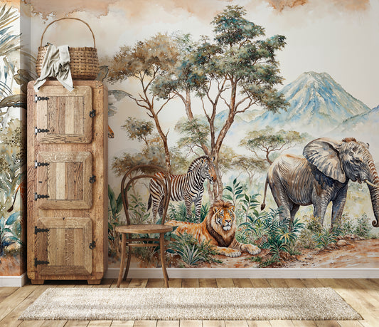 Safari Jungle Kids Wallpaper – Watercolor Mural with Elephant, Giraffe & Trees - WMH452